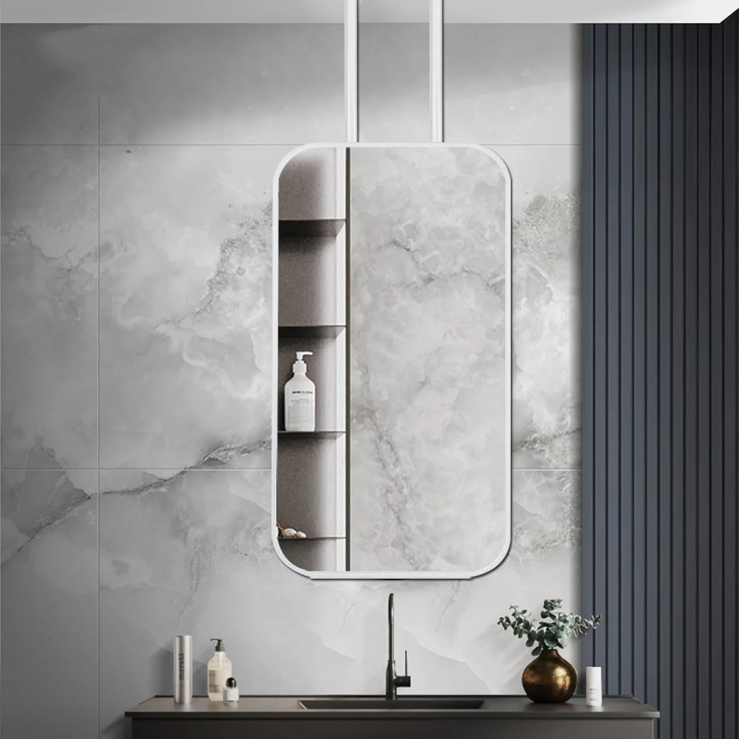 آینه بوم معلق سفید برای حمام، آینه شناور حمام برای دیوار، آینه روشویی آویز سقفی با میله های دوتایی، آینه آرایش مستطیلی با قاب فلزی (50cmx60cm)