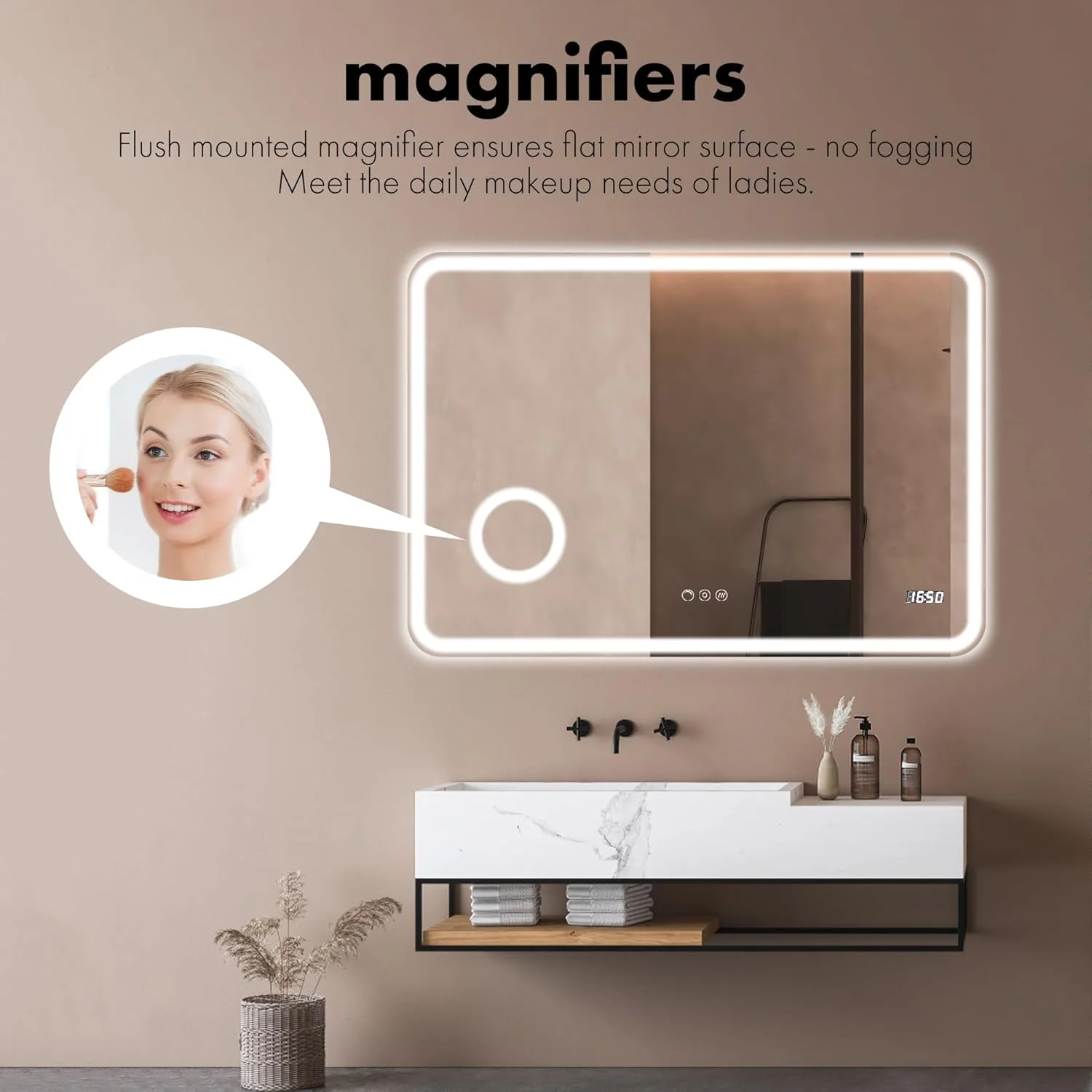 آینه حمام ال ای دی Swesolara با ابعاد 81 سانتی متر طول و 61 سانتی متر عرض، دارای نور، ضد بخار، کنترل لمسی 3 دکمه ای، دمای رنگ قابل تنظیم، عملکرد حافظه، ضد آب IP44، شیشه سکوریت، ساعت دیجیتال