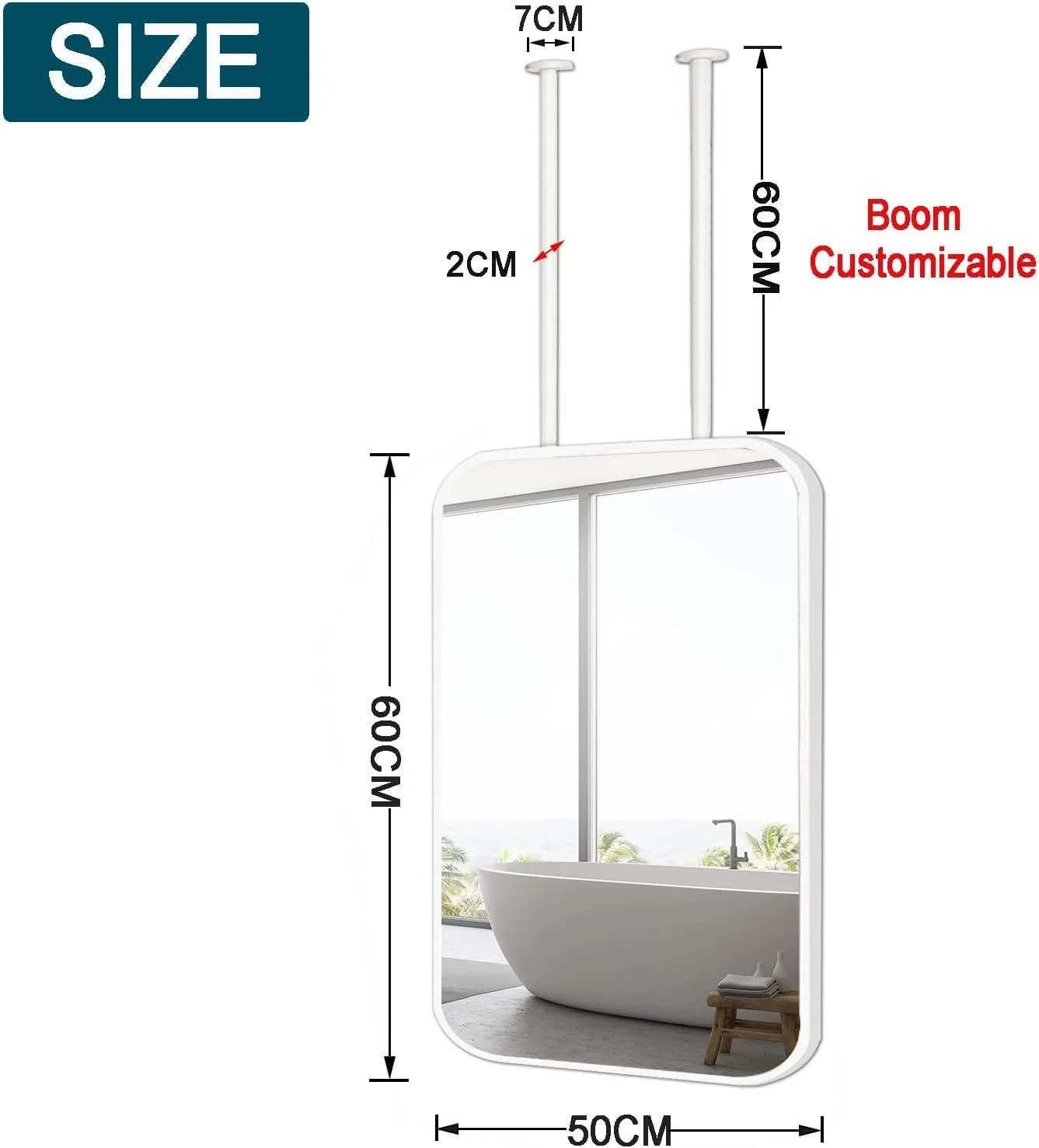 آینه بوم معلق سفید برای حمام، آینه شناور حمام برای دیوار، آینه روشویی آویز سقفی با میله های دوتایی، آینه آرایش مستطیلی با قاب فلزی (50cmx60cm)