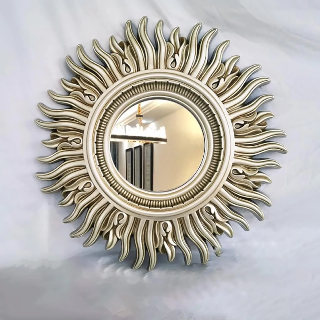 آینه دیواری خورشیدی گرد با روکش طلایی، آینه تزئینی دیواری، دکوراسیون دیوار، آینه حمام، آینه آرایش، آینه میز آرایش اتاق خواب، آینه دکوری ورودی، آینه تزئین شده با قاب پر نقش و نگار