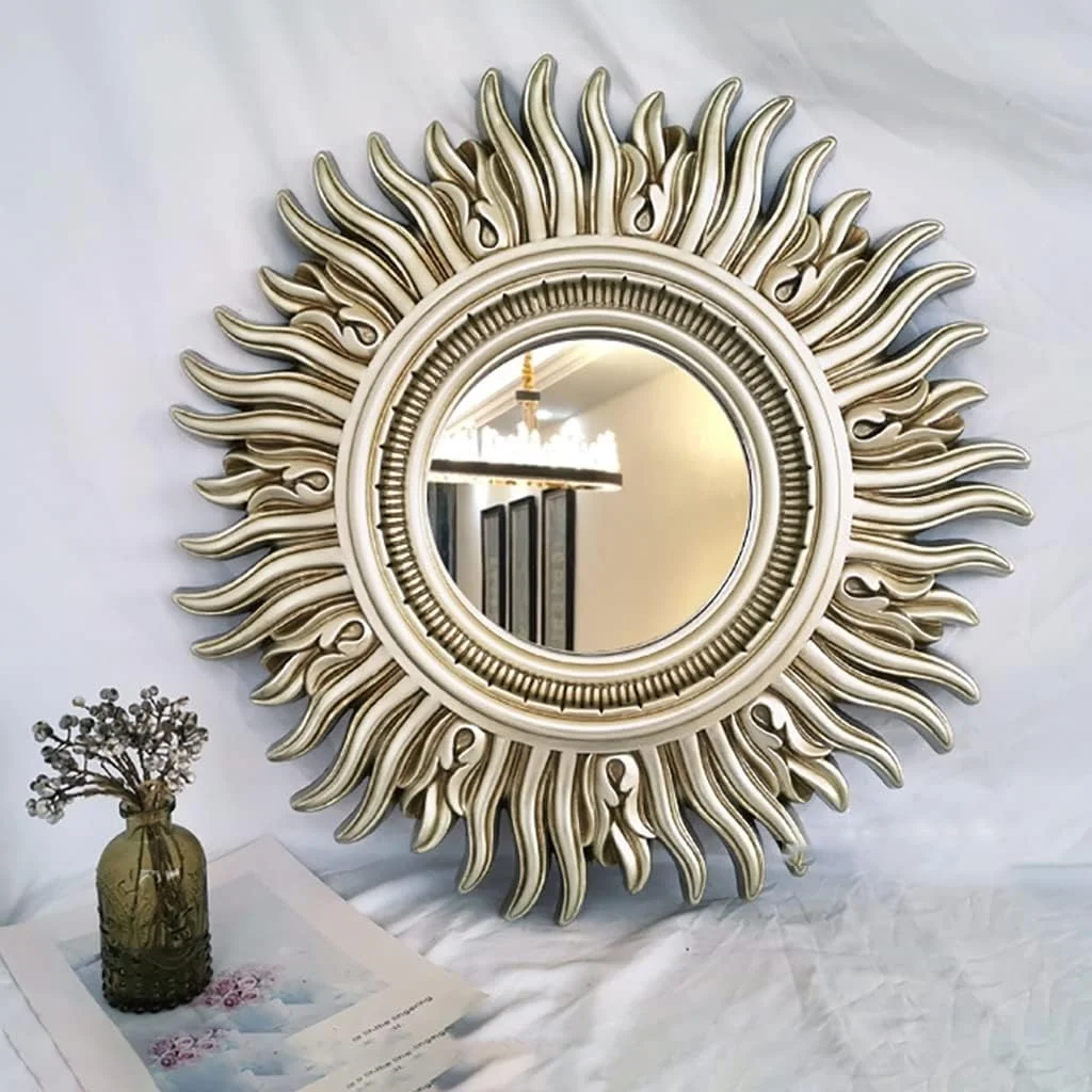 آینه دیواری خورشیدی گرد با روکش طلایی، آینه تزئینی دیواری، دکوراسیون دیوار، آینه حمام، آینه آرایش، آینه میز آرایش اتاق خواب، آینه دکوری ورودی، آینه تزئین شده با قاب پر نقش و نگار