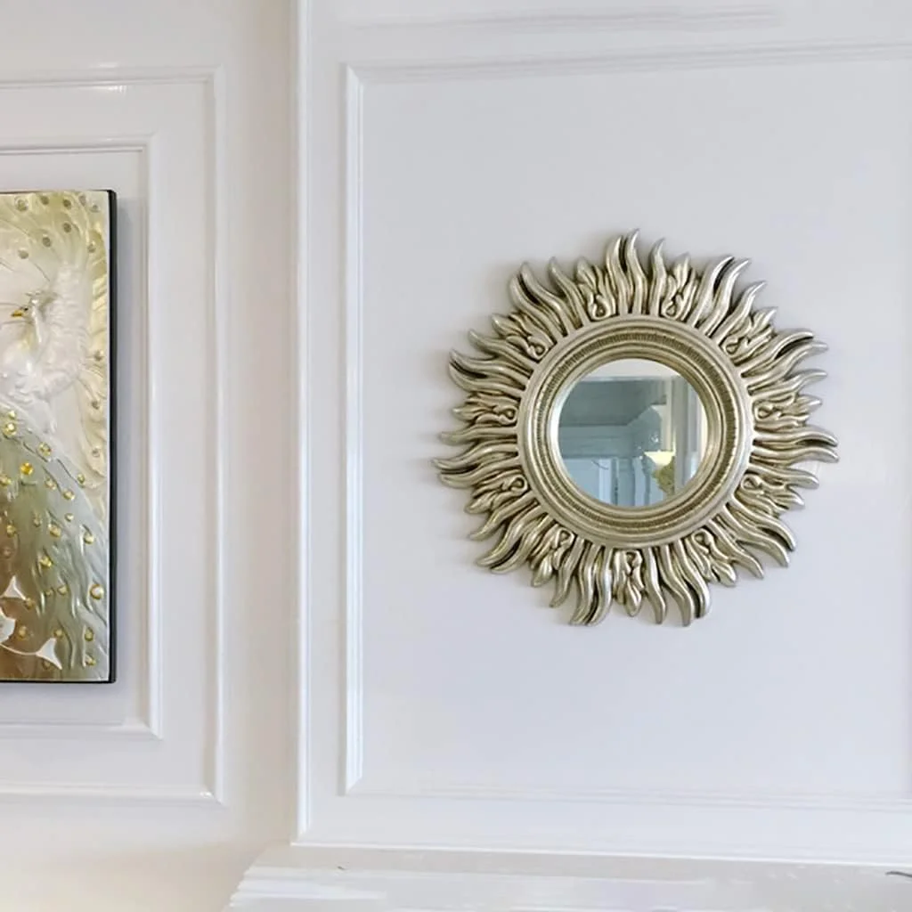 آینه دیواری خورشیدی گرد با روکش طلایی، آینه تزئینی دیواری، دکوراسیون دیوار، آینه حمام، آینه آرایش، آینه میز آرایش اتاق خواب، آینه دکوری ورودی، آینه تزئین شده با قاب پر نقش و نگار