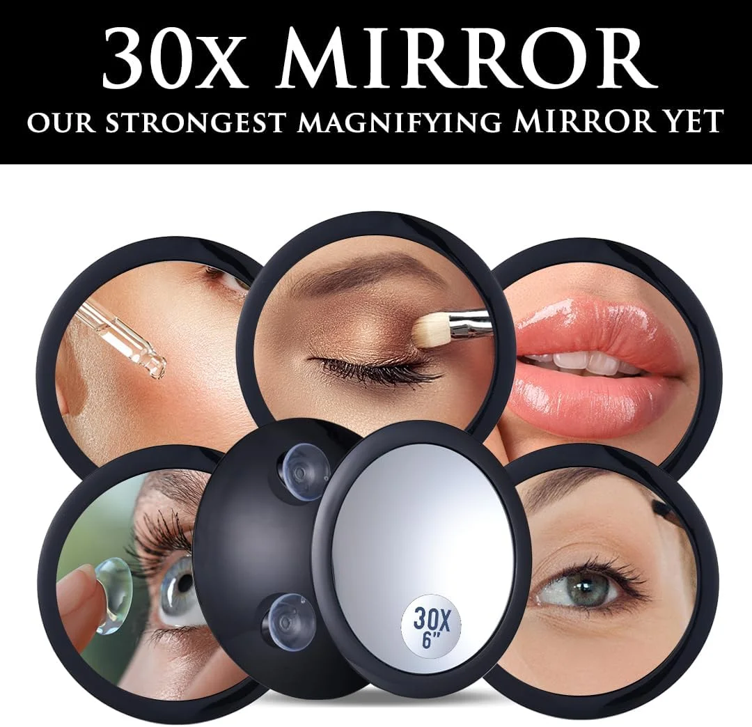 آینه آرایشی بزرگنمایی 30 برابر - آینه مکنده چسبی با بزرگنمایی بالا برای آرایش و پیرایش دقیق - گرد و قابل حمل، 15 سانتی متر (مشکی)