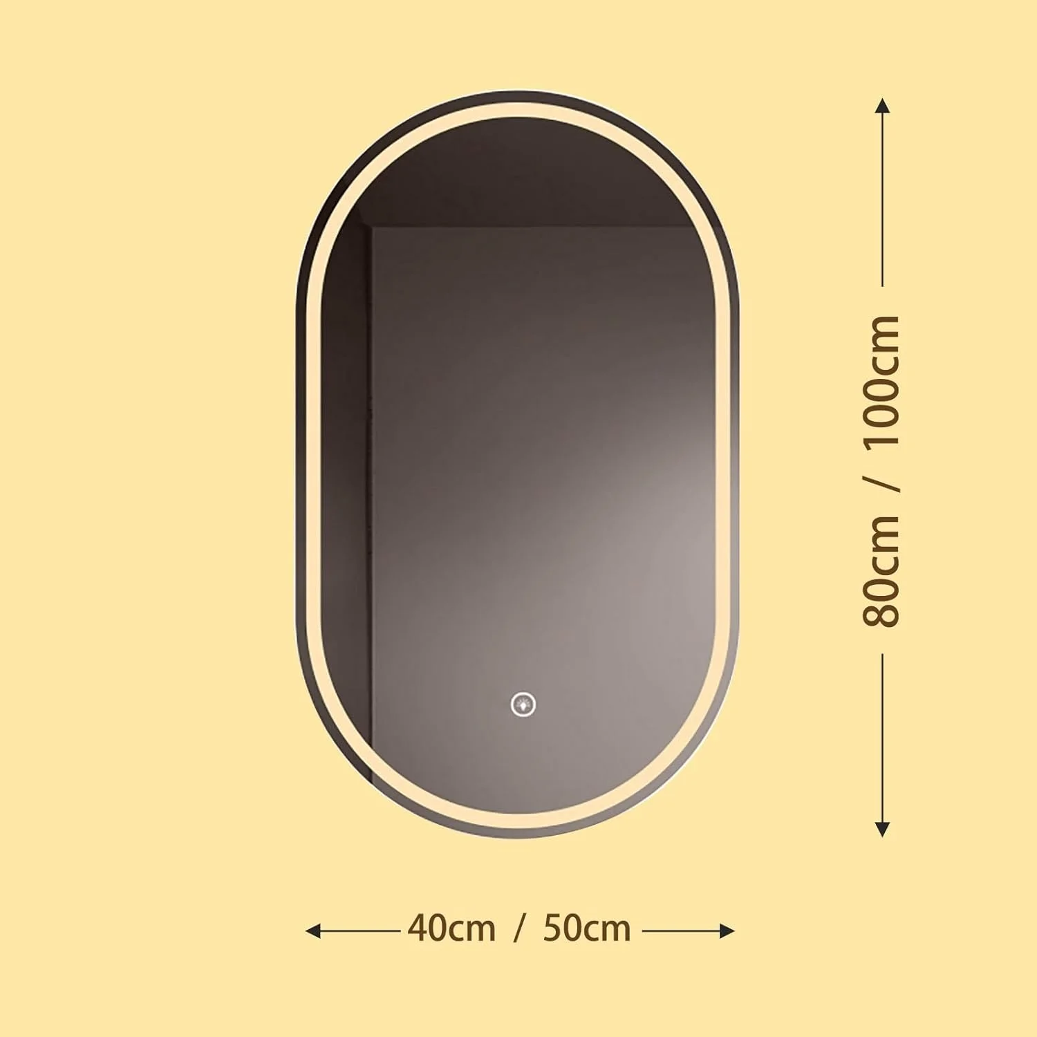 آینه دیواری با نور قابل تنظیم، آینه بیضی شکل حمام با چراغ، آینه روشویی حمام، ضد خرد شدن، 3 رنگ قابل تنظیم، آینه حمام با نور کنترل لمسی (رنگ: Wh)