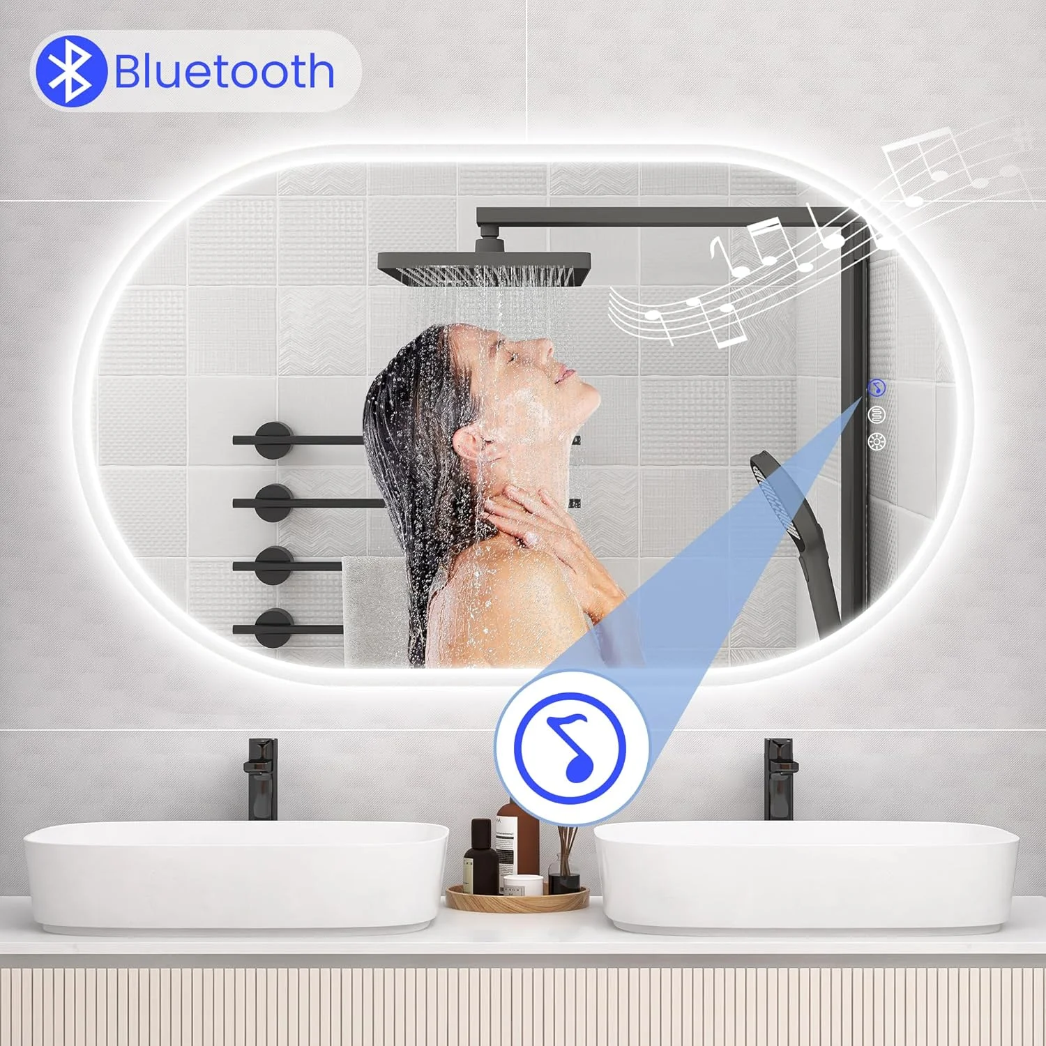 آینه حمام LED استارلید - 81 در 51 سانتی متر، با نور، نصب دیواری با بلندگوی بلوتوث، ضد بخار، 3 دمای رنگ، روشنایی قابل تنظیم، ضد آب، شیشه سکوریت، با آینه حمام LED استارلید - 81 در 51 سانتی متر، با نور، نصب دیواری با بلندگوی بلوتوث، ضد بخار، 3 دمای رنگ، روشنایی قابل تنظیم، ضد آب، شیشه سکوریت، با