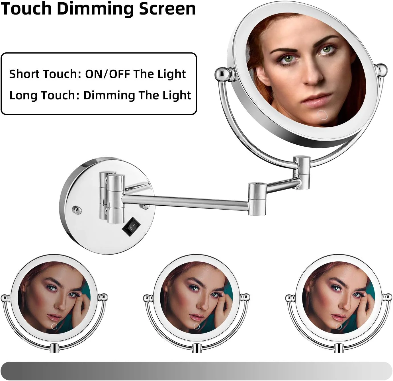 آینه آرایشی دیواری همه کاره با نور LED دکمه لمسی نور قابل تنظیم بدون پله دو طرفه بزرگنمایی 1X/5x آینه روشویی چرخش 360 درجه قابل افزایش برای حمام با اتصال مستقیم به برق - 8 اینچ