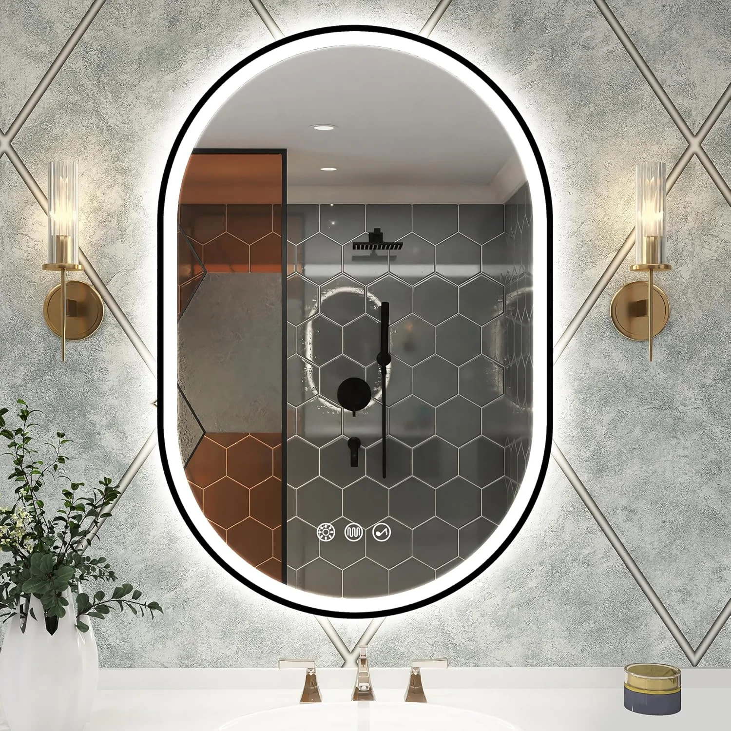 آینه حمام بیضی شکل ال ای دی دار STARLEAD، 900x600 میلی متر، آینه حمام ال ای دی دار با بلوتوث، 3 رنگ قابل تنظیم، ضد بخار، IP44، آینه حمام مشکی، شیشه حرارت دیده HD، افقی/عمودی آینه حمام بیضی شکل ال ای دی دار STARLEAD، 900x600 میلی متر، آینه حمام ال ای دی دار با بلوتوث، 3 رنگ قابل تنظیم، ضد بخار، IP44، آینه حمام مشکی، شیشه حرارت دیده HD، افقی/عمودی