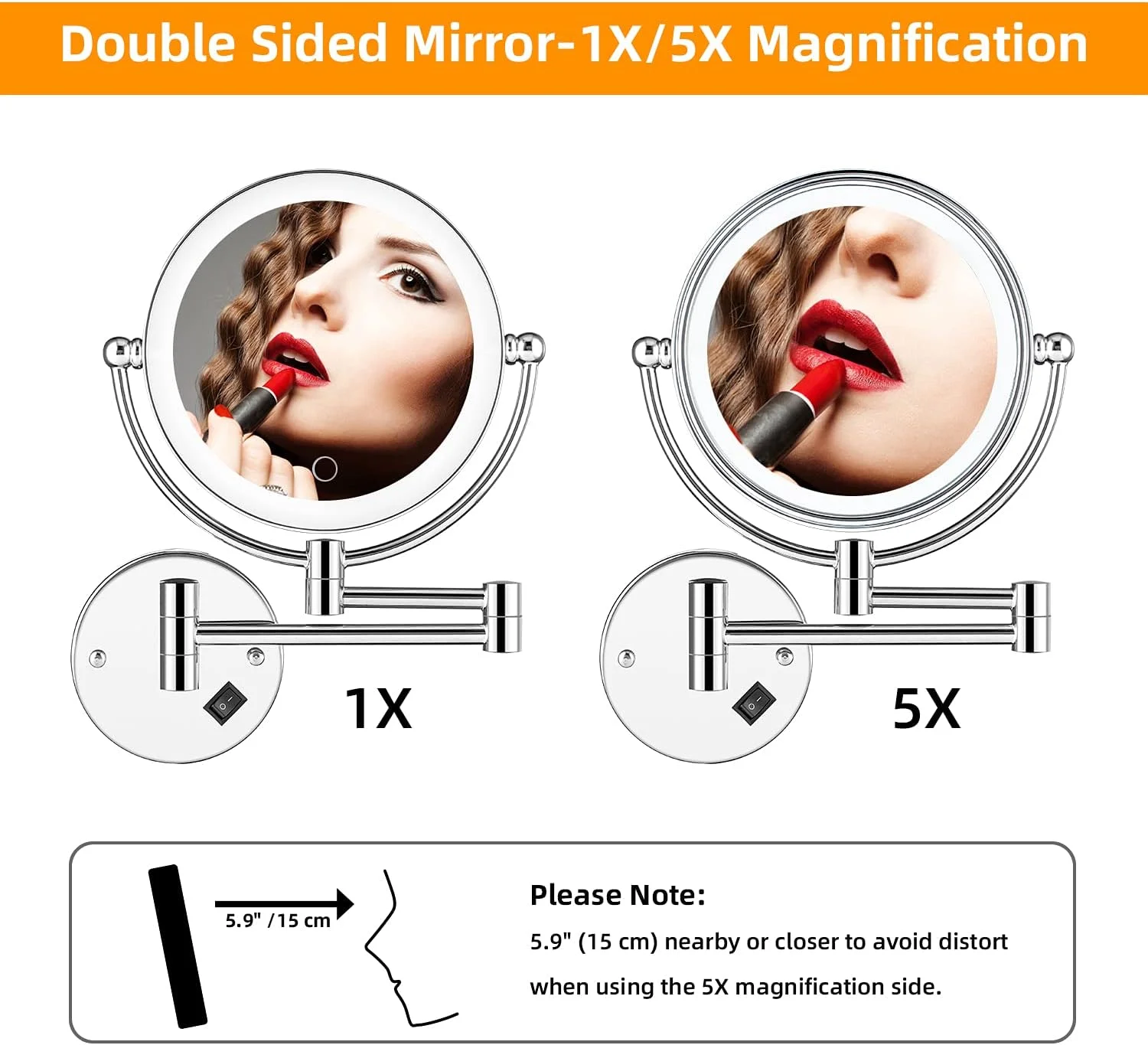 آینه آرایشی دیواری همه کاره با نور LED دکمه لمسی نور قابل تنظیم بدون پله دو طرفه بزرگنمایی 1X/5x آینه روشویی چرخش 360 درجه قابل افزایش برای حمام با اتصال مستقیم به برق - 8 اینچ