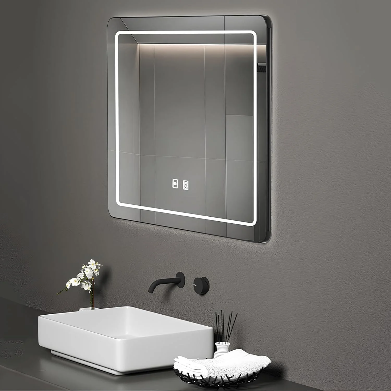 آینه حمام با قاب استیل ضد زنگ، نور پس زمینه و ضد بخار، آینه دیواری ال ای دی ضد آب IP44 و ضد شکستگی (مشکی-b، 60x80 سانتی متر / 23.6x31.5 اینچ) (مشکی a 70x90 سانتی متر / 27.5x3 آینه حمام با قاب استیل ضد زنگ، نور پس زمینه و ضد بخار، آینه دیواری ال ای دی ضد آب IP44 و ضد شکستگی (مشکی-b، 60x80 سانتی متر / 23.6x31.5 اینچ) (مشکی a 70x90 سانتی متر / 27.5x3