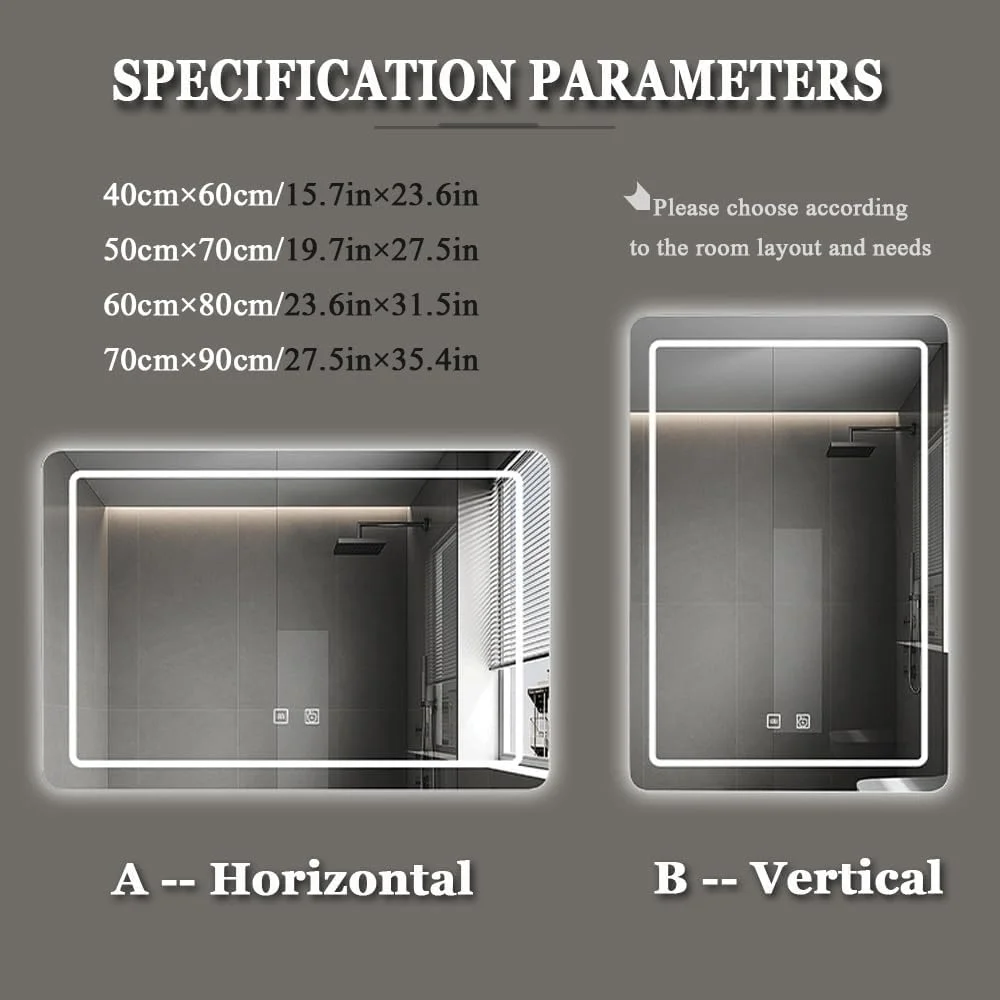 آینه حمام با قاب استیل ضد زنگ، نور پس زمینه و ضد بخار، آینه دیواری ال ای دی ضد آب IP44 و ضد شکستگی (مشکی-b، 60x80 سانتی متر / 23.6x31.5 اینچ) (مشکی a 70x90 سانتی متر / 27.5x3 آینه حمام با قاب استیل ضد زنگ، نور پس زمینه و ضد بخار، آینه دیواری ال ای دی ضد آب IP44 و ضد شکستگی (مشکی-b، 60x80 سانتی متر / 23.6x31.5 اینچ) (مشکی a 70x90 سانتی متر / 27.5x3