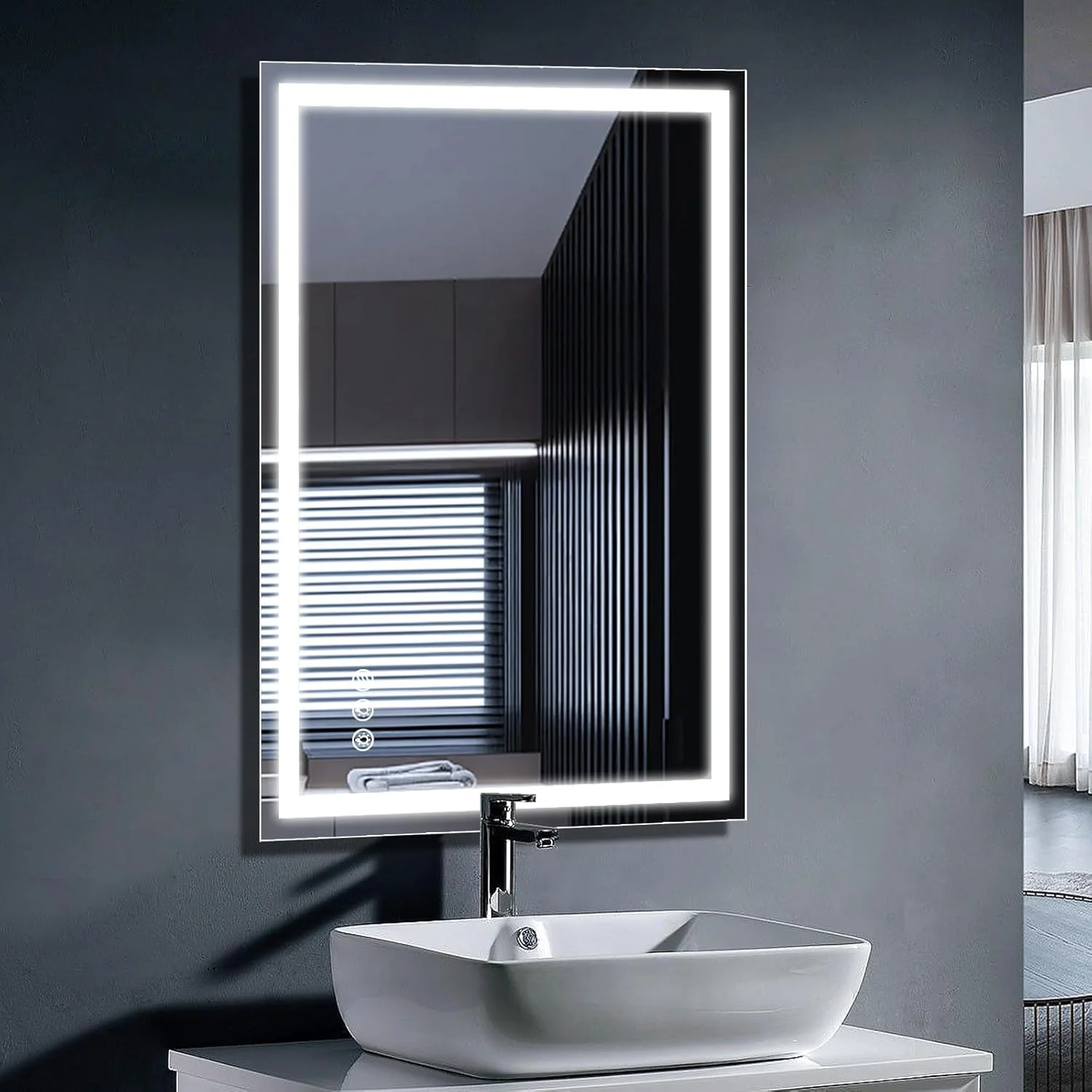 آینه حمام ال ای دی Sorvita با نور 60x90 سانتی‌متر، بدون قاب، آینه روشویی نوردار، نصب دیواری، ضد بخار، 3 حالت رنگ، نور جلو و پس زمینه با قابلیت تنظیم شدت نور، سنسور لمسی هوشمند، شیشه سکوریت