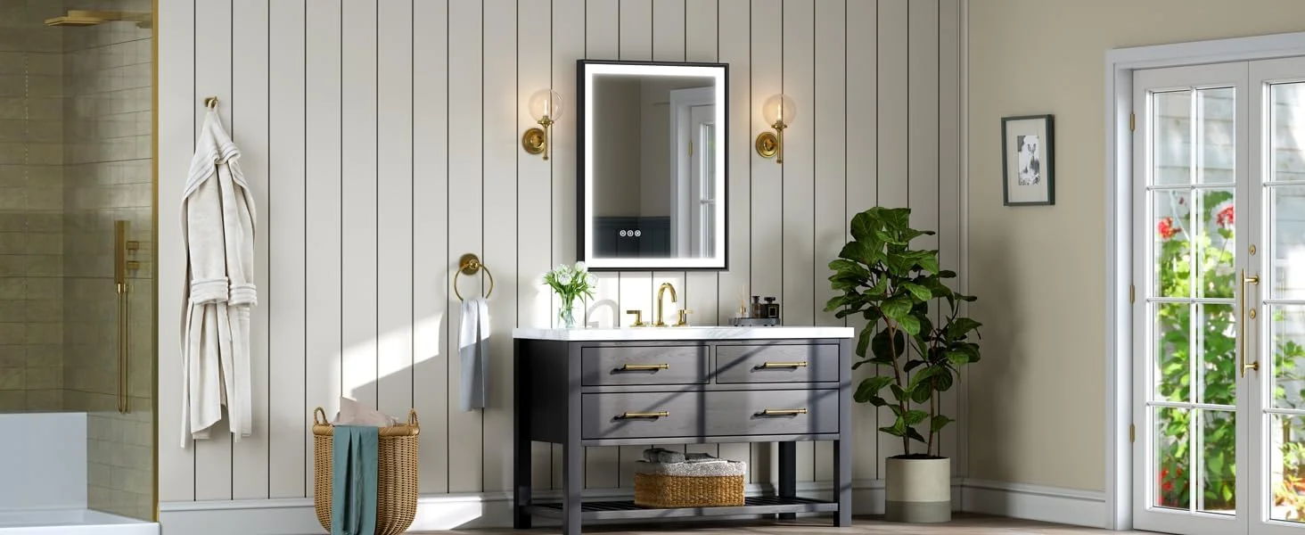 آینه حمام ال ای دی SOGOLINE با قاب مشکی، آلیاژ آلومینیوم، لبه پخ دار، نور جلو، 3 رنگ، کم نور شونده پیوسته، ضد بخار، شیشه سکوریت ضد خرد شدن، حافظه، افقی/عمودی، 60x80 سانتی متر