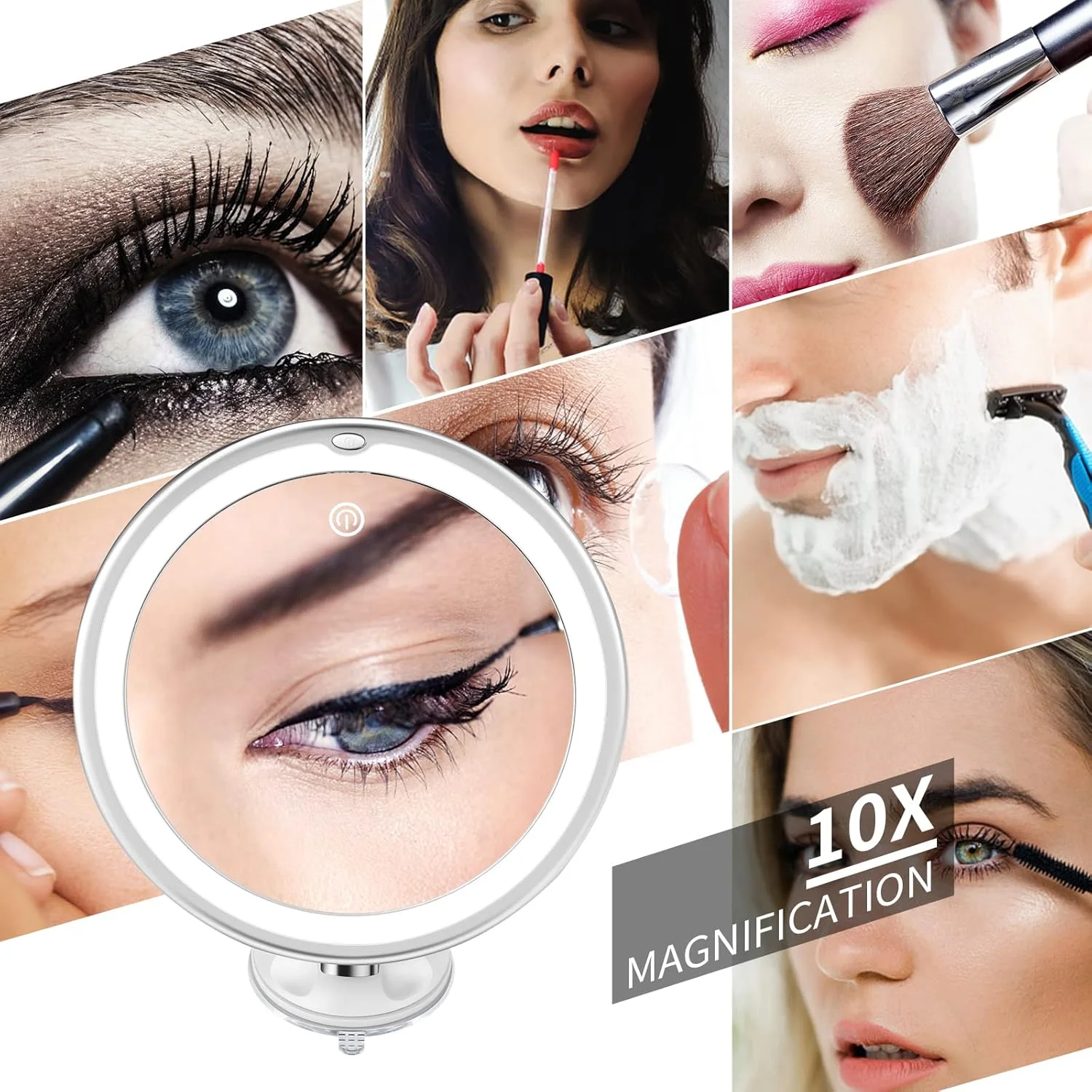 آینه آرایشی چراغ دار SNOWFLAKES با بزرگنمایی 10 برابر و نور - آینه آرایشی با نور و مکنده - آینه حمام و دوش - نصب آسان - مفصل چرخان 360 درجه (سفید)