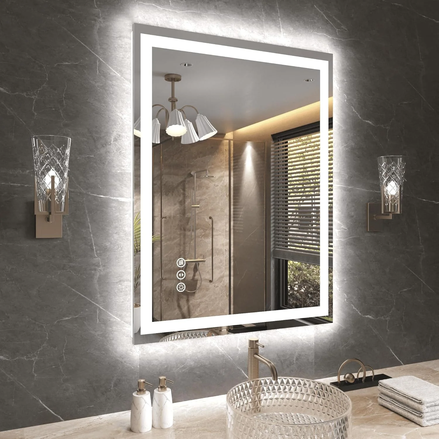 آینه حمام ال ای دی Snowdool، آینه آرایشی 60 در 80 سانتی متر با نورپردازی، آینه دیواری روشن، کلید لمسی، دیمر دار، 3 رنگ نور، ضد مه، ضد آب IP44، افقی/عمودی