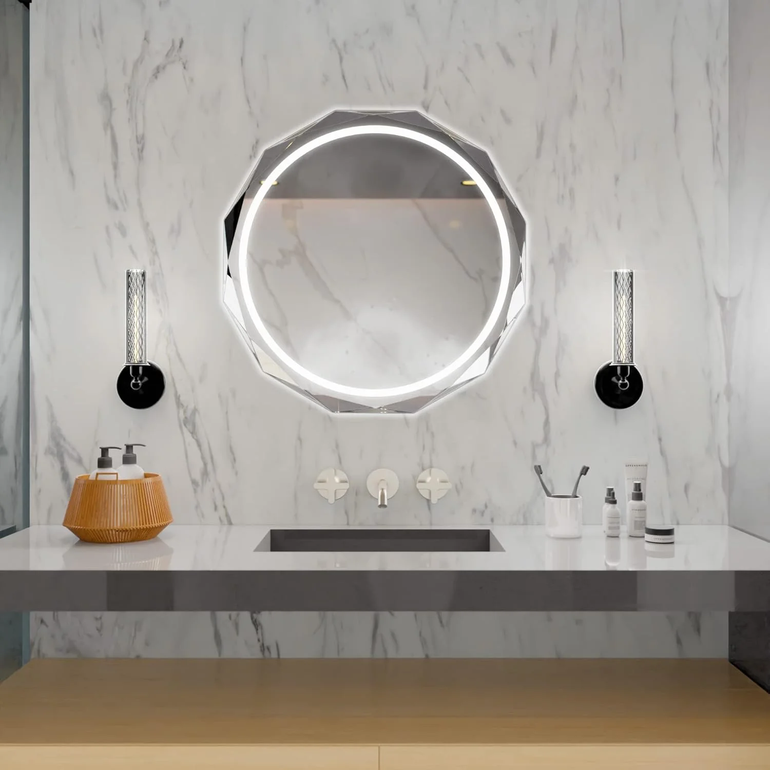 آینه گرد LED حمام SNUGACE، آینه روشویی دیواری بدون قاب با لبه پخ دار، دارای 3 رنگ نور و ضد بخار، 30 اینچ