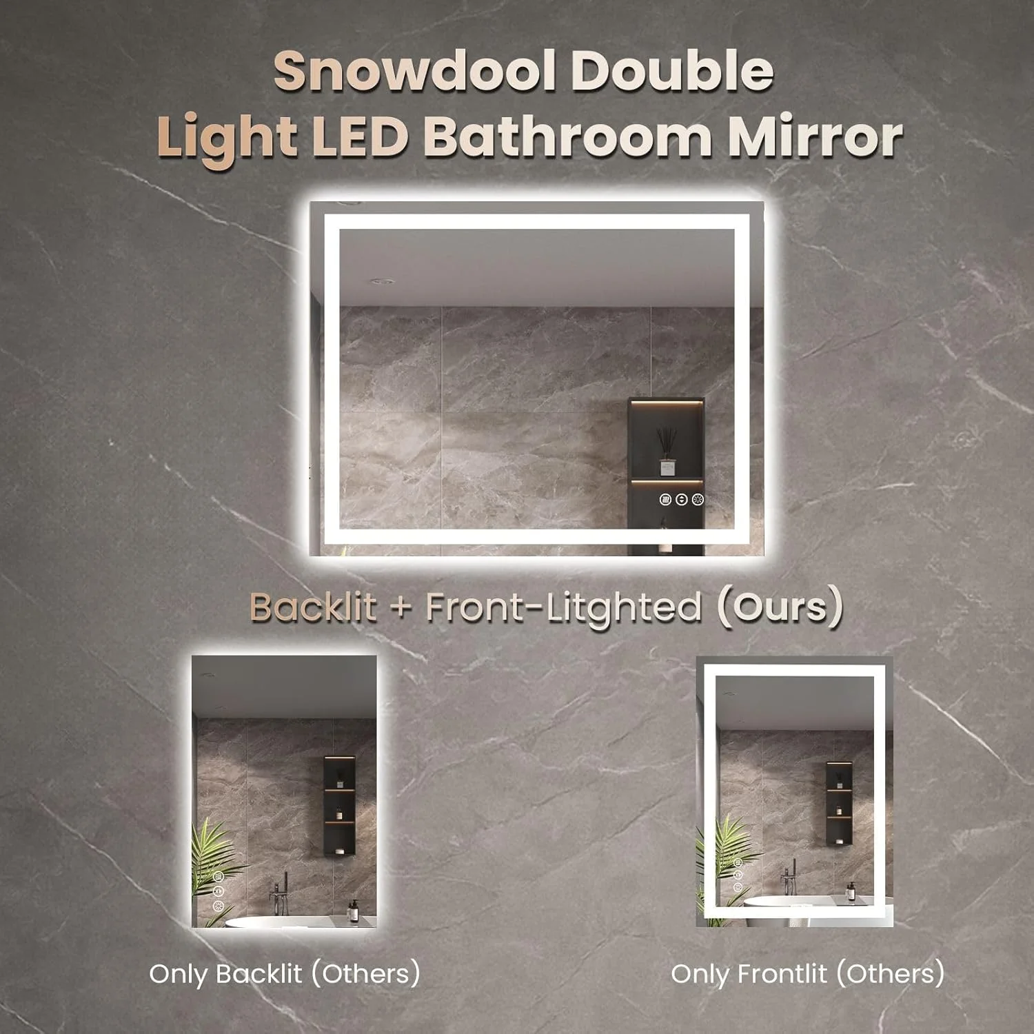 آینه حمام ال ای دی Snowdool، آینه آرایشی 60 در 80 سانتی متر با نورپردازی، آینه دیواری روشن، کلید لمسی، دیمر دار، 3 رنگ نور، ضد مه، ضد آب IP44، افقی/عمودی