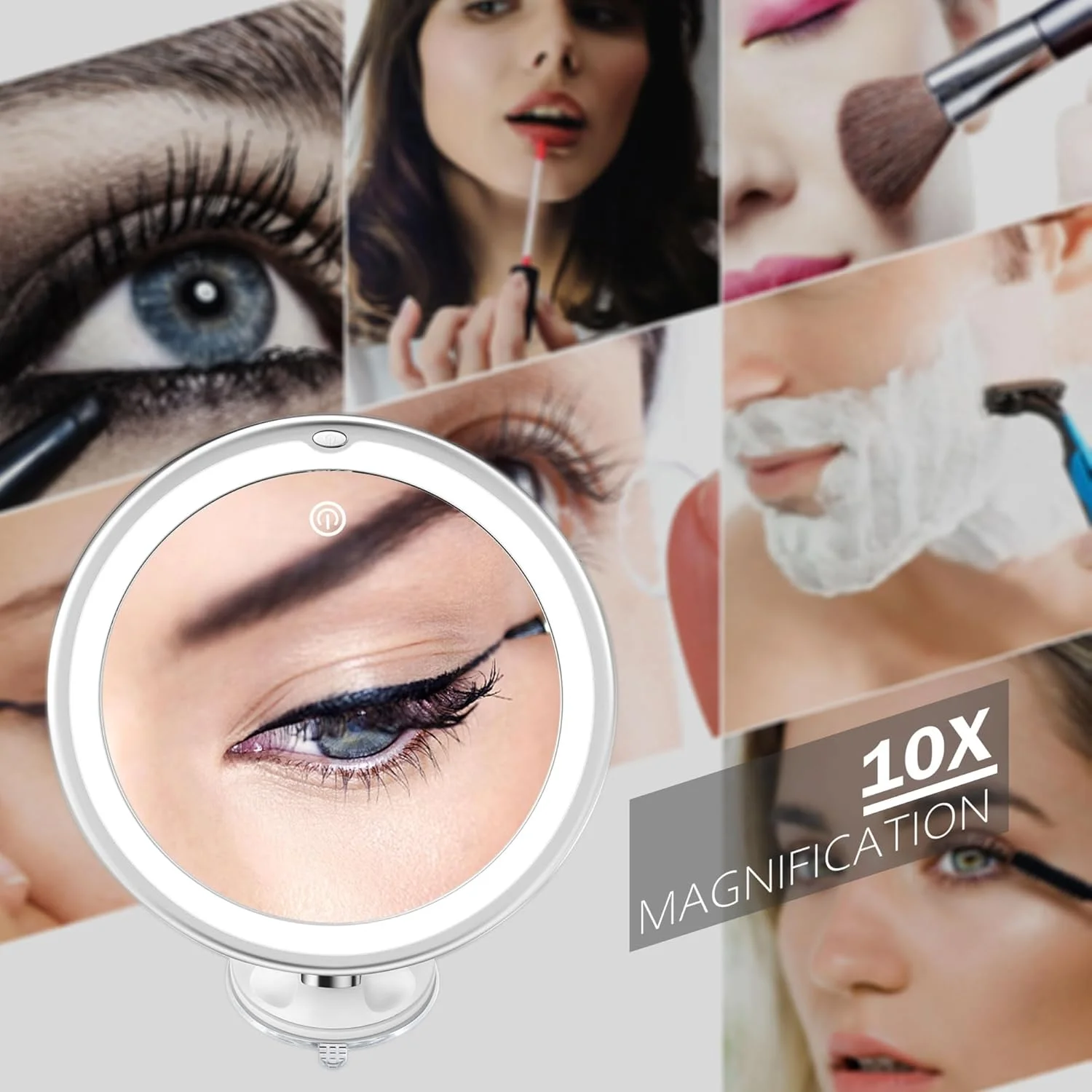 آینه آرایشی بزرگنمایی دار با نور SNOWFLAKES SNOWFLAKES مدل Summer Snow – آینه آرایشی 10 برابر با 3 حالت نور و مکنده – آینه حمام – نصب آسان و روان – مفصل گردان 360 درجه.