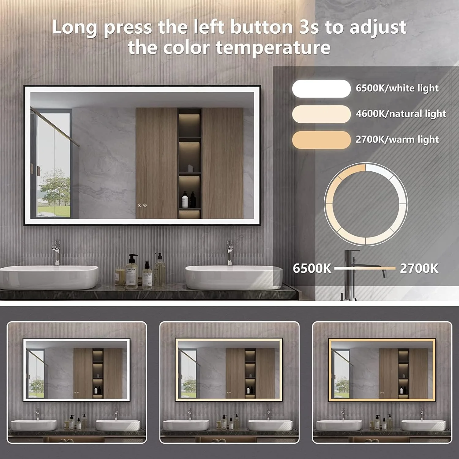 آینه حمام ال ای دی SNUGACE با قاب مشکی، ابعاد 60 در 100 سانتی متر، با قابلیت تنظیم نور، ضد بخار، ضد شکستگی، دارای حافظه، 3 رنگ نور، آینه روشویی ال ای دی