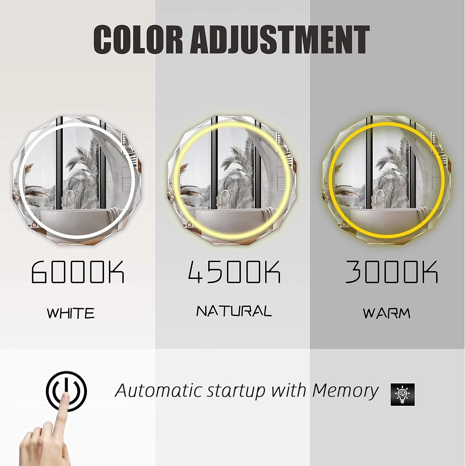 آینه گرد LED حمام SNUGACE، آینه روشویی دیواری بدون قاب با لبه پخ دار، دارای 3 رنگ نور و ضد بخار، 30 اینچ