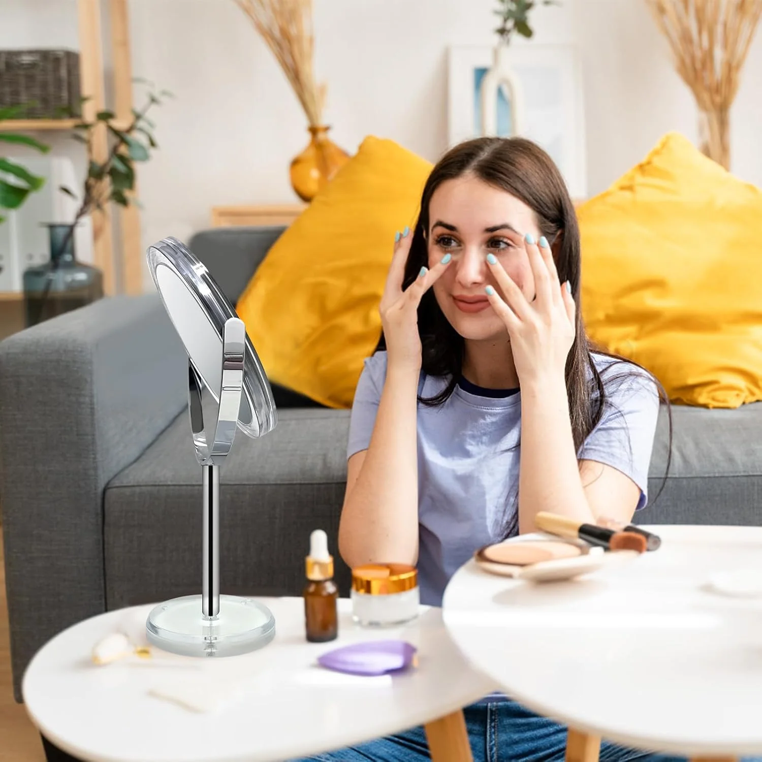 آینه آرایشی دو طرفه SNOWFLAKES با بزرگنمایی 1X / 15X به همراه پایه - آینه رومیزی 7 اینچی برای حمام یا اتاق خواب با چرخش 360 درجه آینه آرایشی دو طرفه SNOWFLAKES با بزرگنمایی 1X / 15X به همراه پایه - آینه رومیزی 7 اینچی برای حمام یا اتاق خواب با چرخش 360 درجه