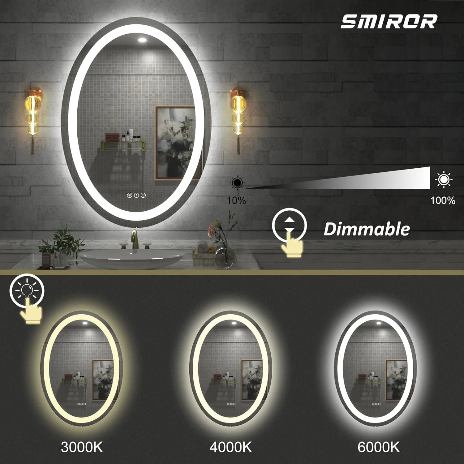 آینه حمام LED بیضی شکل SMIROR، 50x70 سانتی متر، آینه روشویی دیواری، ضد بخار و ضد شکستگی، دیمر دار، دارای حافظه، 3 رنگ (نور جلو + نور پس زمینه)