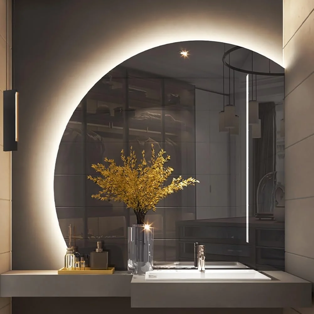 آینه هوشمند ال ای دی حمام 40 ضد بخار با نور سه رنگ - آینه دیواری نیمه ماه با نور پس زمینه، ضد آب، کلید لمسی (برش راست 39.4"L x 39.4"W)