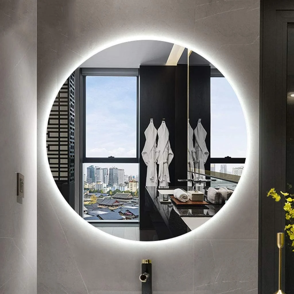 آینه حمام LED هوشمند، آینه گرد دیواری، تصویر واضح، نور سفید / 60 سانتی متر