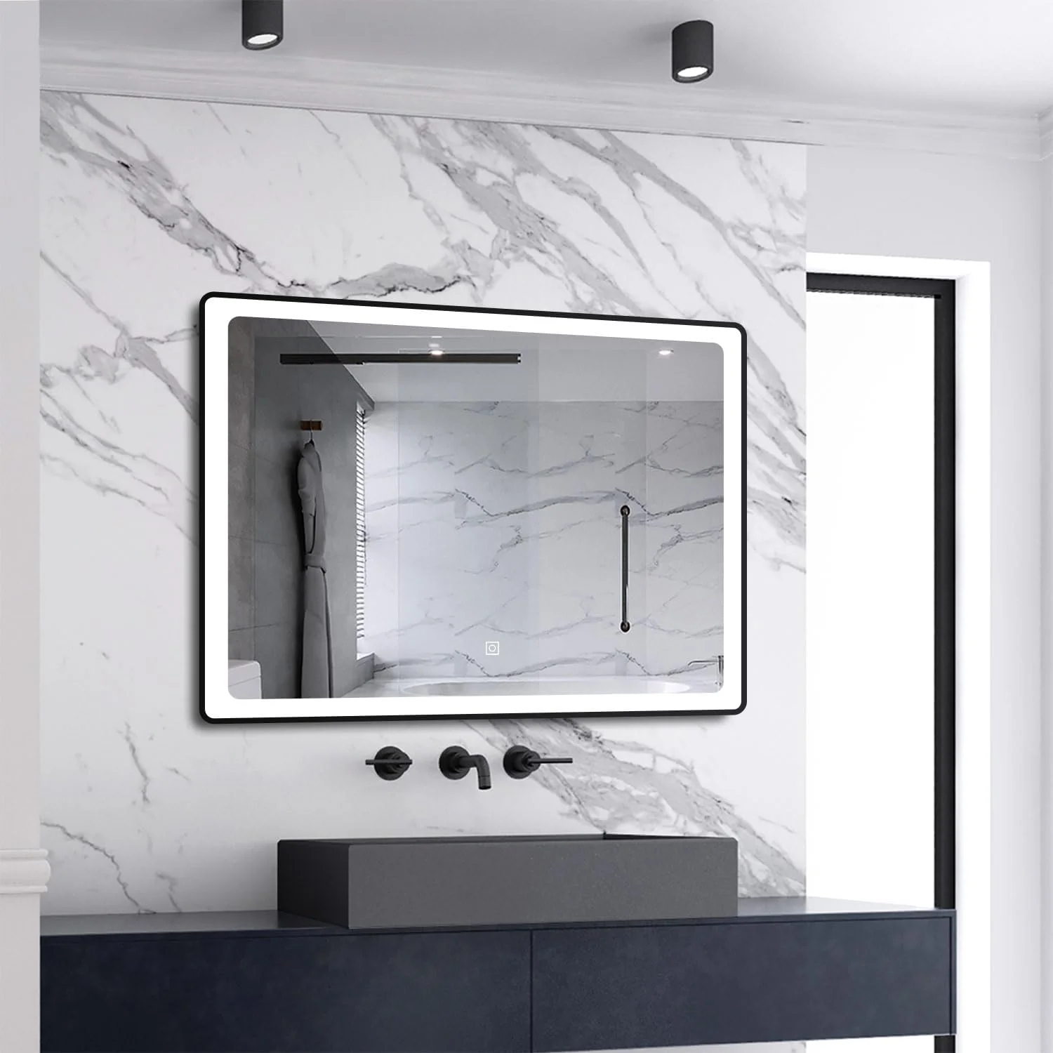 آینه حمام مستطیلی ال ای دی Skybathroom با ابعاد 70 * 90 سانتی متر، دارای 3 رنگ با روشنایی قابل تنظیم، عملکرد حافظه، ضد بخار، IP44