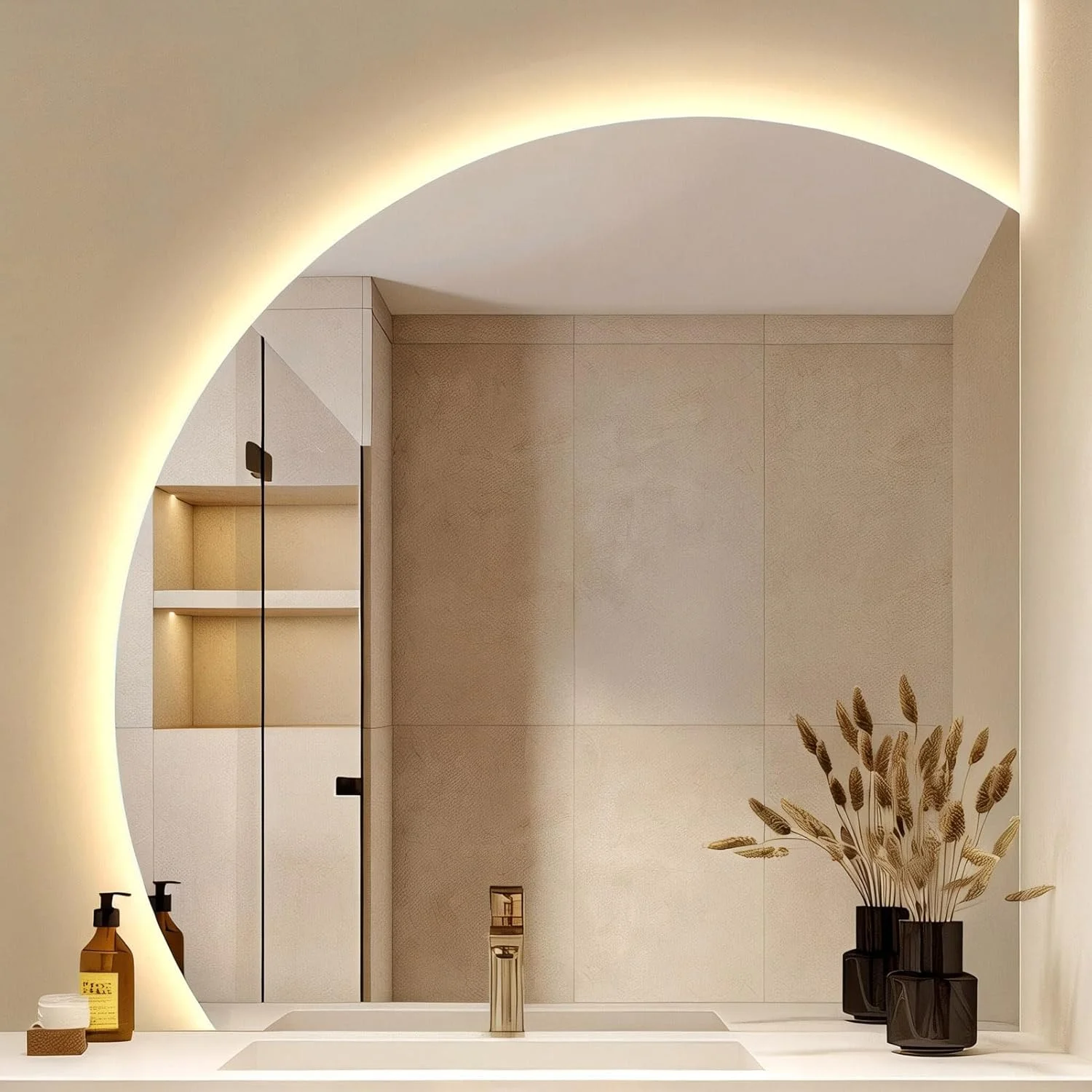 آینه هوشمند ال ای دی حمام 40 ضد بخار با نور سه رنگ - آینه دیواری نیمه ماه با نور پس زمینه، ضد آب، کلید لمسی (برش راست 27.6"L x 27.6"W)