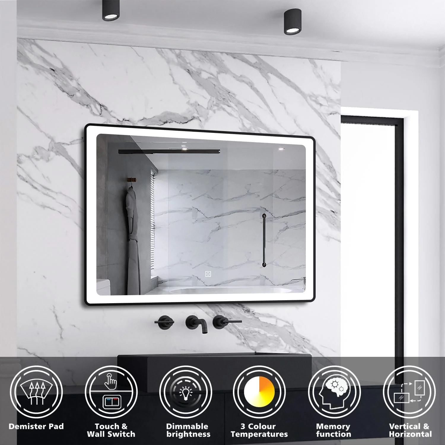 آینه حمام مستطیلی ال ای دی Skybathroom با ابعاد 70 * 90 سانتی متر، دارای 3 رنگ با روشنایی قابل تنظیم، عملکرد حافظه، ضد بخار، IP44