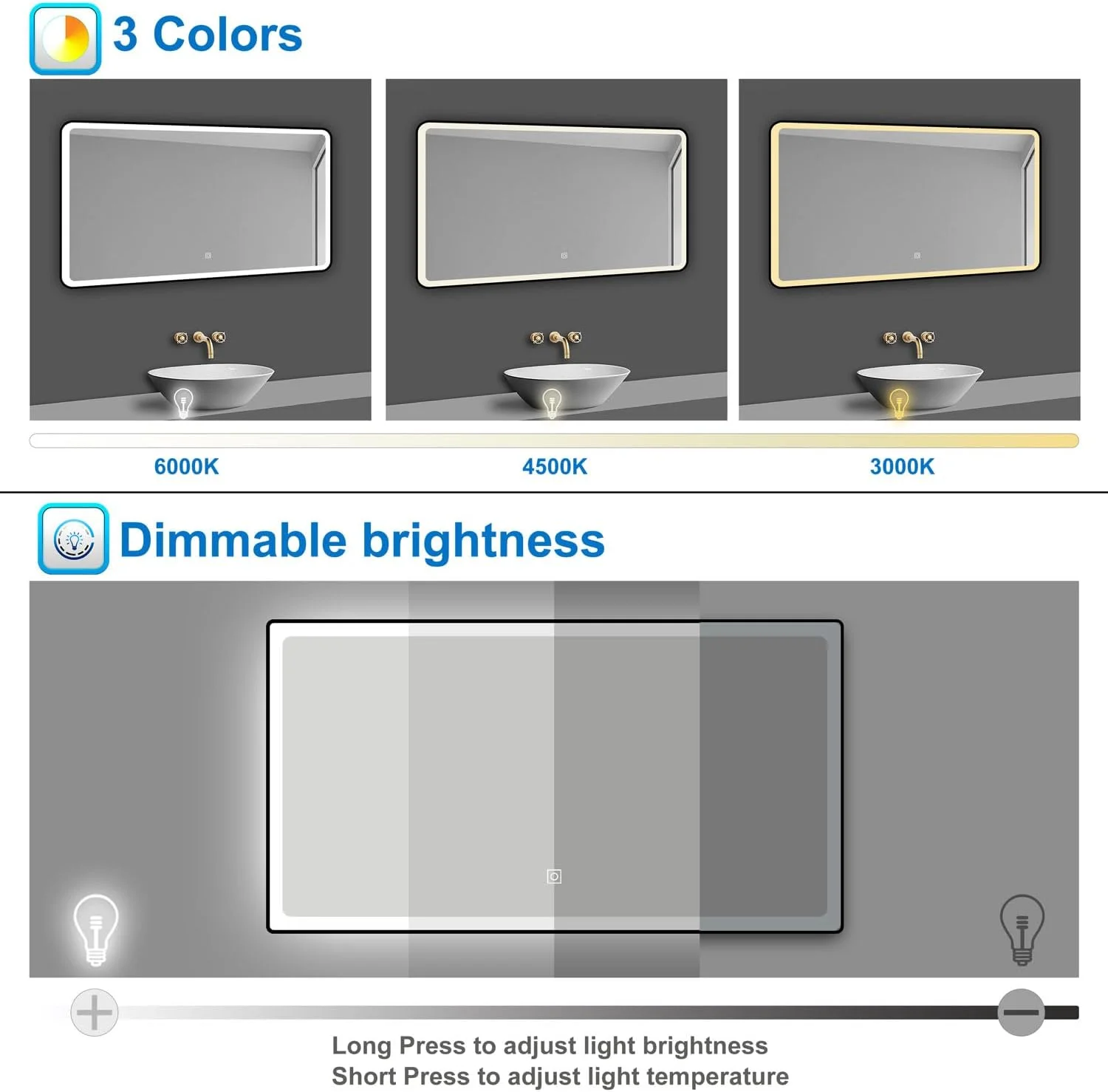 آینه حمام مستطیلی ال ای دی Skybathroom با ابعاد 70 * 90 سانتی متر، دارای 3 رنگ با روشنایی قابل تنظیم، عملکرد حافظه، ضد بخار، IP44