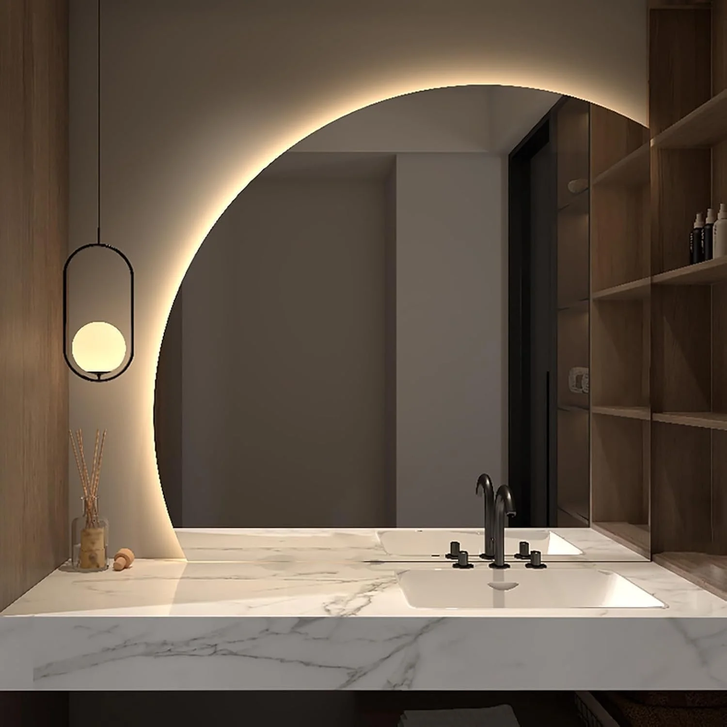 آینه هوشمند ال ای دی حمام 40 ضد بخار با نور سه رنگ - آینه دیواری نیمه ماه با نور پس زمینه، ضد آب، کلید لمسی (برش راست 27.6"L x 27.6"W)