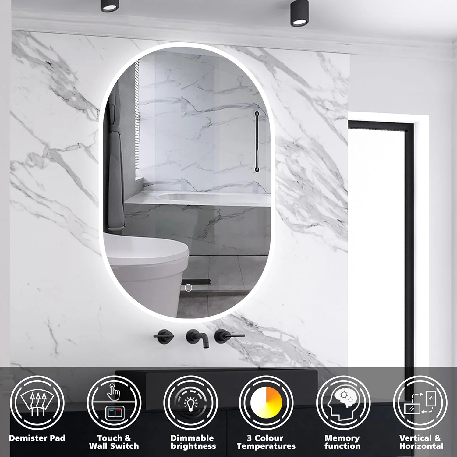 آینه حمام LED بیضی شکل Skybathroom، 3 رنگ نور LED، روشنایی قابل تنظیم، عملکرد حافظه، ضد مه، 60 * 90 سانتی متر