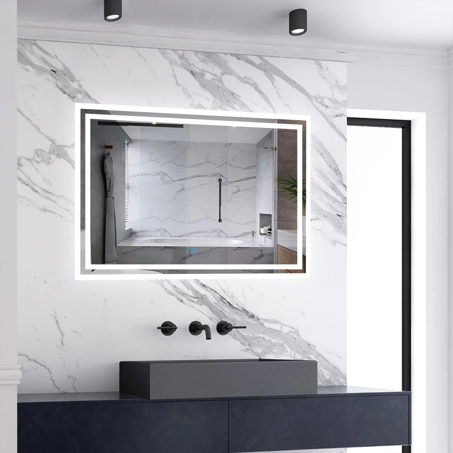 آینه حمام ال ای دی دار Skybathroom ابعاد 60x50 سانتی متر | 3 نور ال ای دی | رنگ و روشنایی نور قابل تنظیم | ضد بخار | نصب دیواری