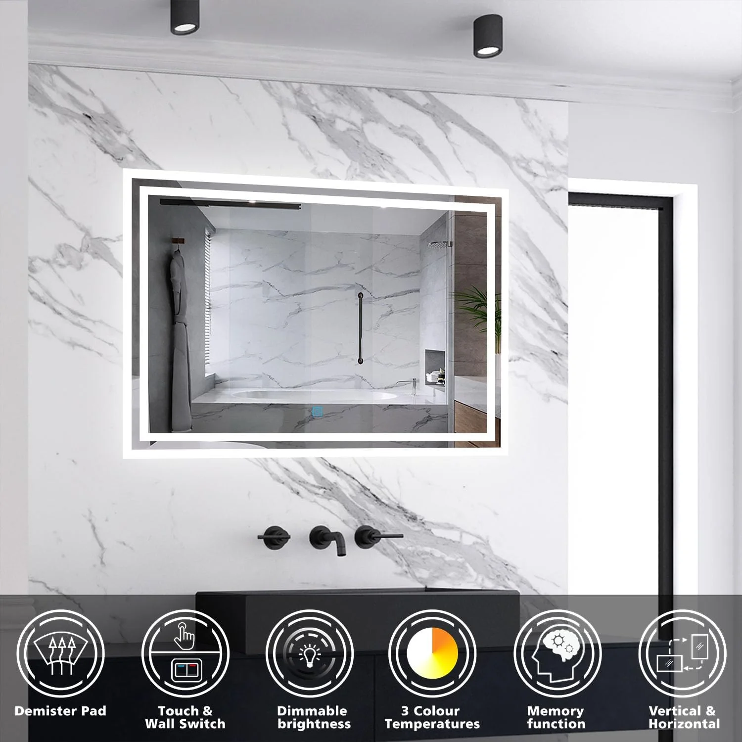 آینه حمام ال ای دی دار Skybathroom ابعاد 60x50 سانتی متر | 3 نور ال ای دی | رنگ و روشنایی نور قابل تنظیم | ضد بخار | نصب دیواری