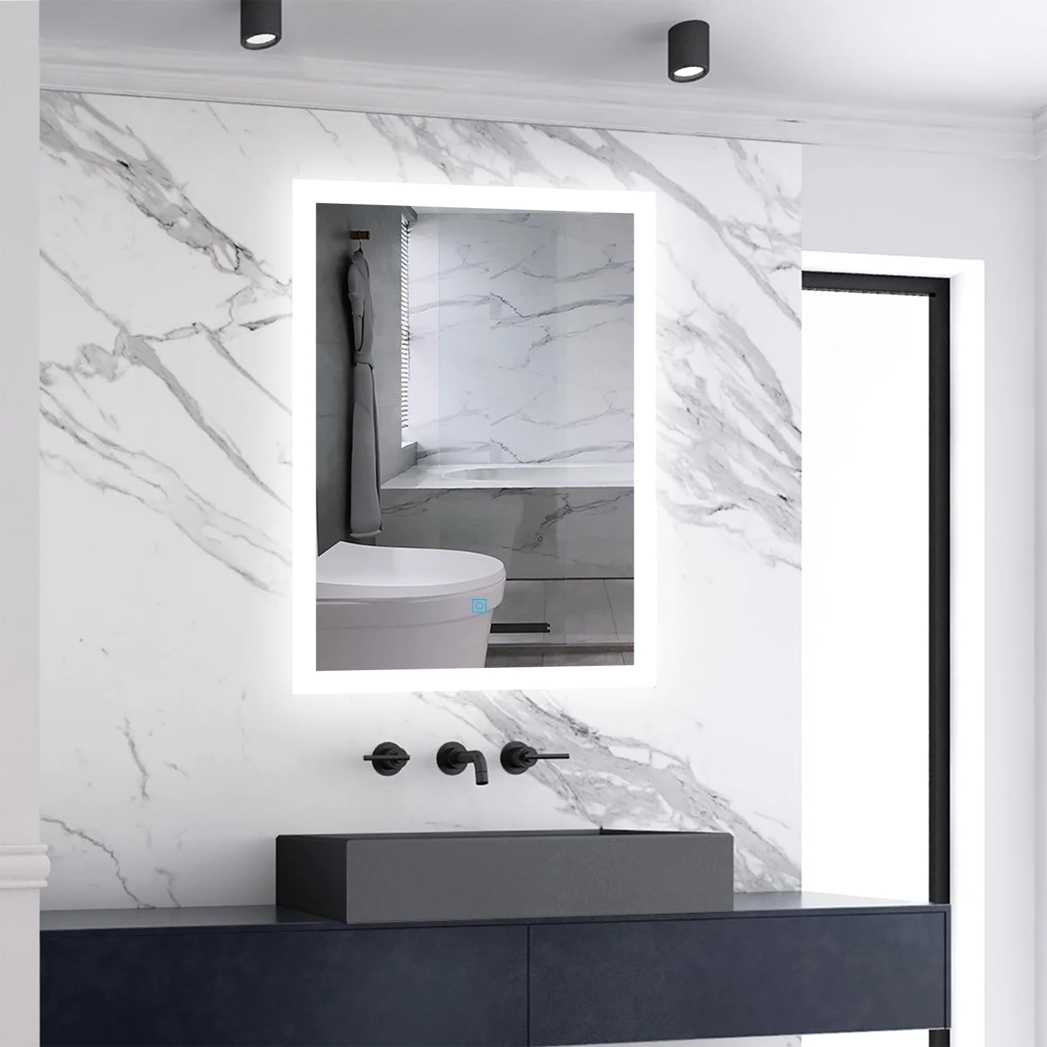 آینه حمام ال ای دی دار Skybathroom با ابعاد 70x50 سانتی متر، نور قابل تنظیم در 3 رنگ، روشنایی قابل تنظیم، ضد بخار، دارای عملکرد حافظه