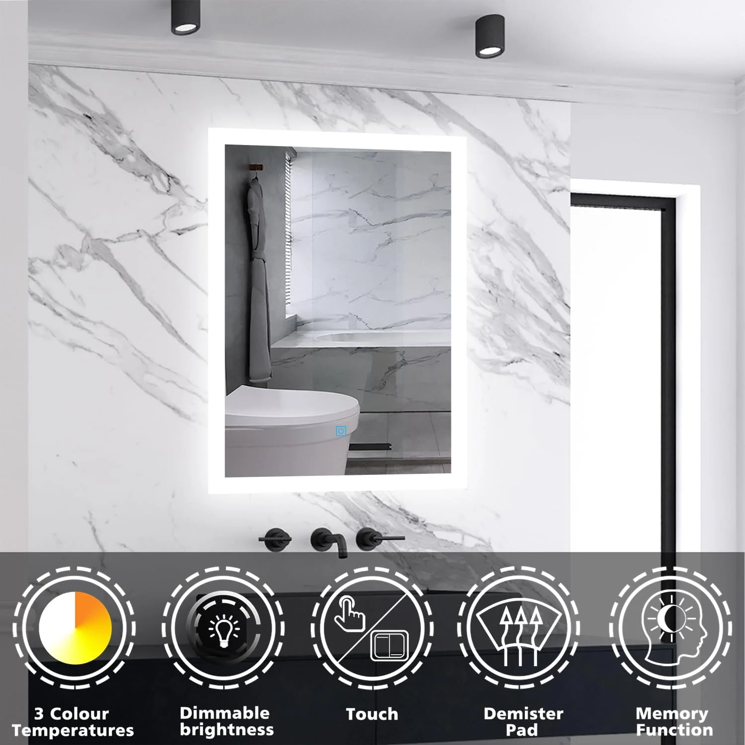 آینه حمام ال ای دی دار Skybathroom با ابعاد 70x50 سانتی متر، نور قابل تنظیم در 3 رنگ، روشنایی قابل تنظیم، ضد بخار، دارای عملکرد حافظه