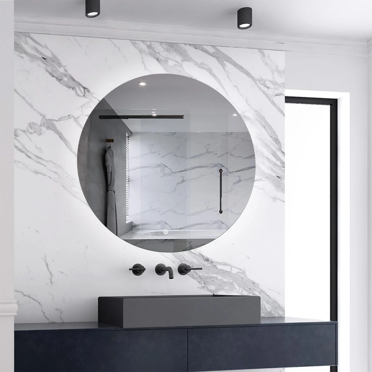 آینه حمام گرد LED نورانی Skybathroom ابعاد 80 * 80 سانتی متر با ضد بخار، عملکرد حافظه، روشنایی قابل تنظیم