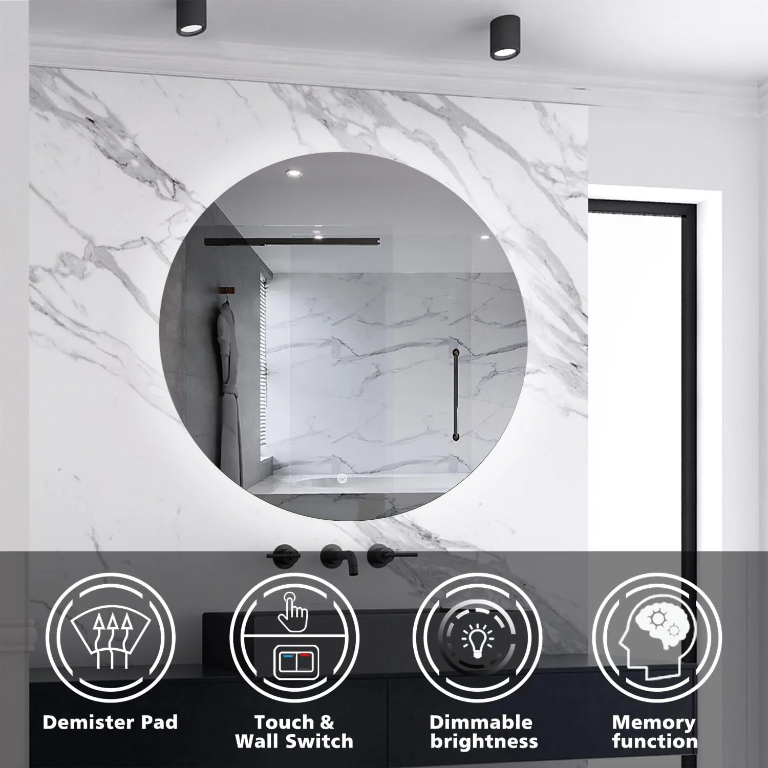 آینه حمام گرد LED نورانی Skybathroom ابعاد 80 * 80 سانتی متر با ضد بخار، عملکرد حافظه، روشنایی قابل تنظیم