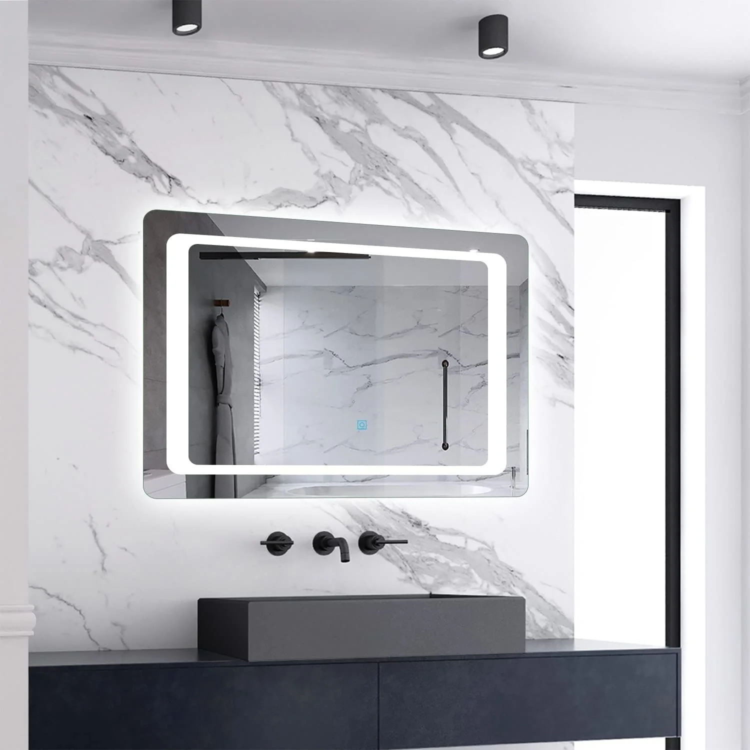 آینه حمام LED دار Skybathroom با ابعاد 800x600mm به همراه پد ضد بخار | نصب دیواری | ضد مه | دارای حسگر لمسی