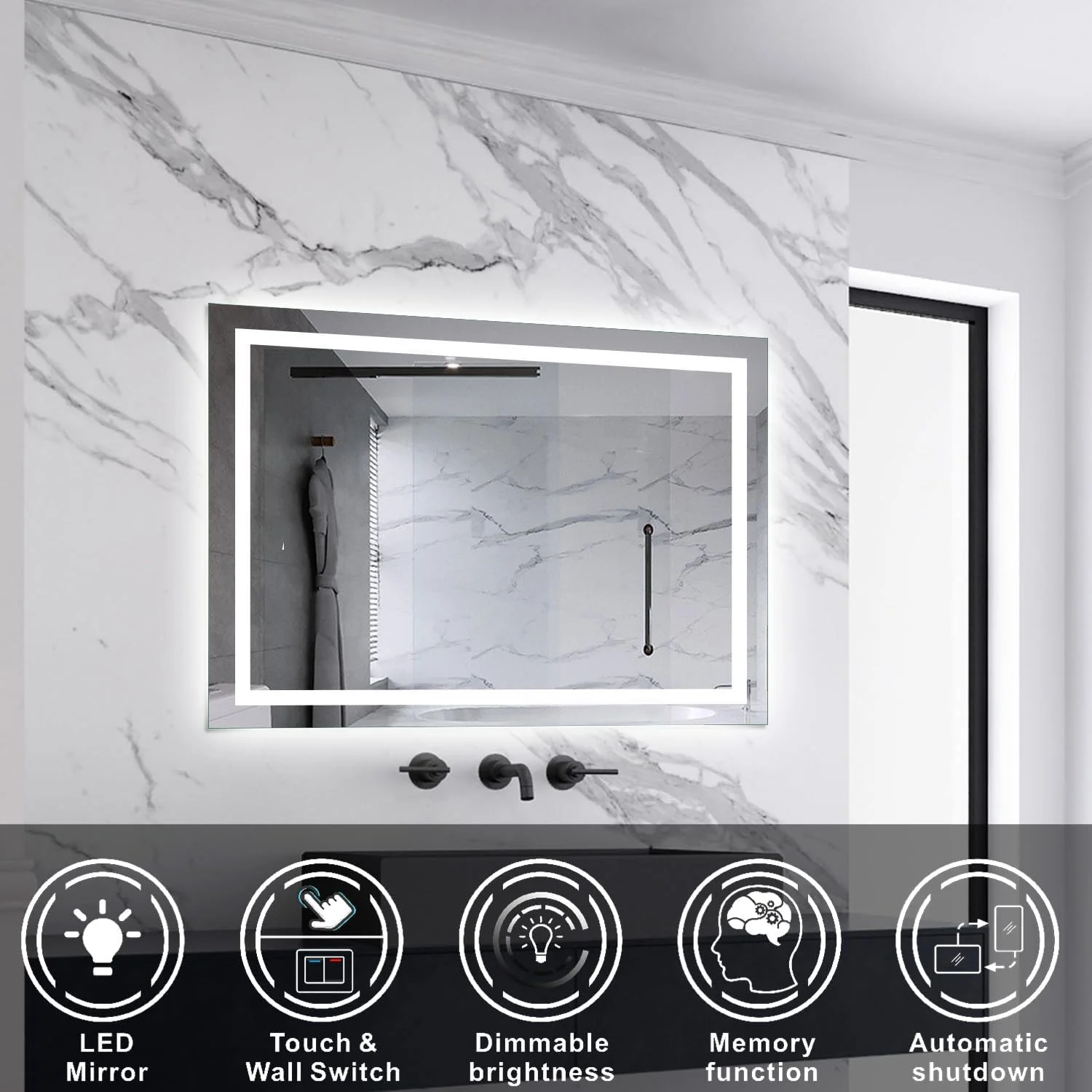 آینه حمام ال ای دی دار Skybathroom با ابعاد 800x600 میلی متر، دارای پد ضد بخار | نصب دیواری | IP44 | حسگر لمسی