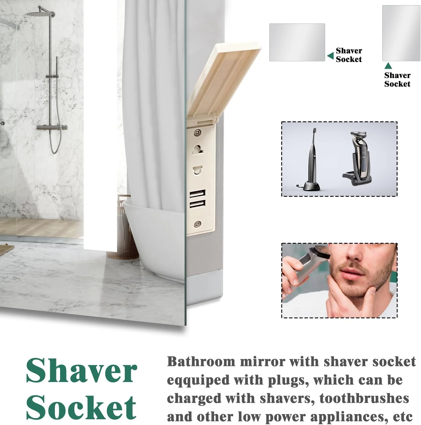 آینه حمام ال ای دی Skybathroom با ابعاد 70 * 50 سانتی متر، دارای پریز ریش تراش، 3 رنگ نور قابل تنظیم، عملکرد حافظه دار و ضد بخار