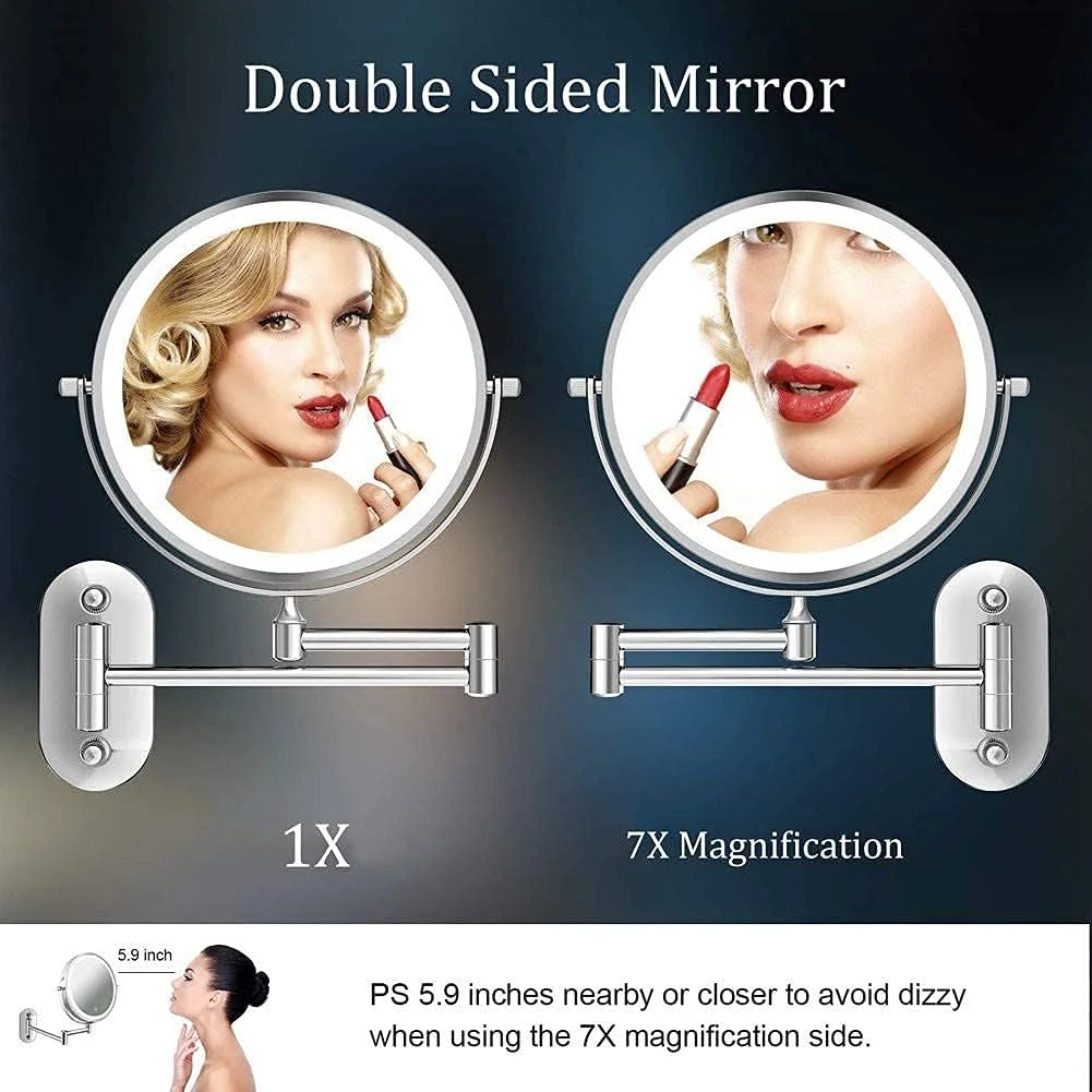 آینه آرایشی دیواری SKipdr با قطر 8 اینچ، مشکی، شارژی USB، دو طرفه با نور LED سه رنگ، آینه حمام بزرگنمایی 1x/5x برای اصلاح صورت، بازوی تاشو با کنترل لمسی (سایز: 1X/7X)