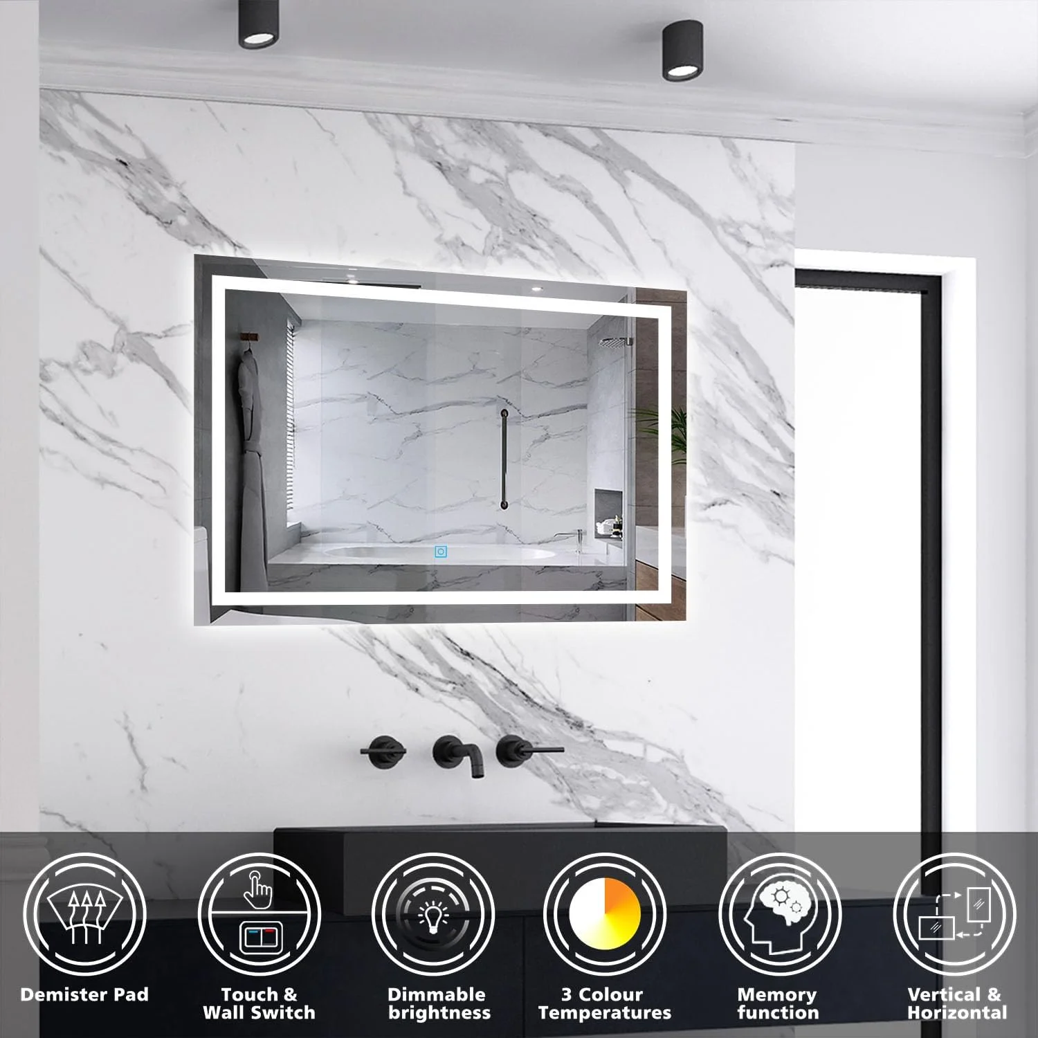 آینه حمام ال ای دی دار Skybathroom با ابعاد 700x500mm | 3 رنگ | رنگ و روشنایی قابل تنظیم | ضد بخار | نصب دیواری