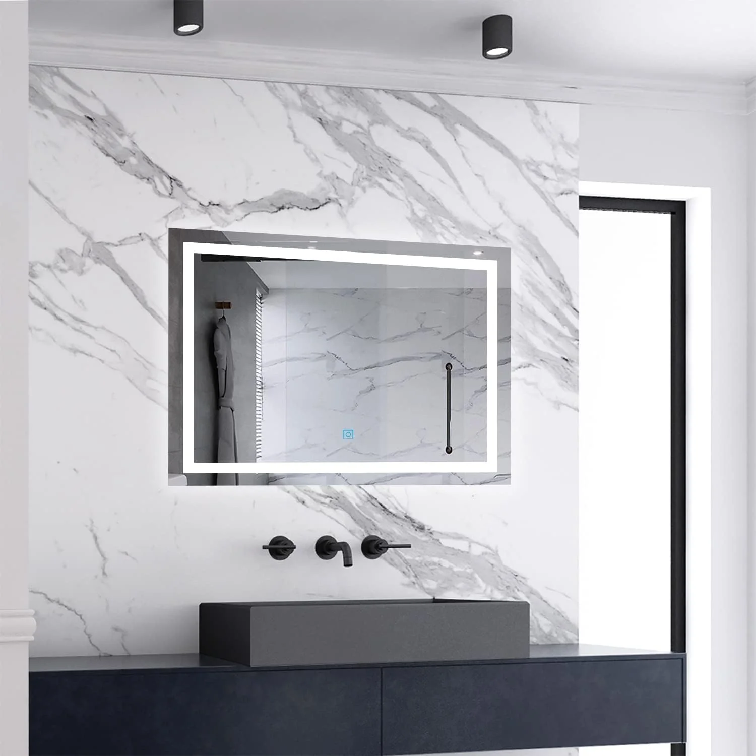 آینه حمام ال ای دی دار Skybathroom با ابعاد 700x500mm به همراه پد ضد بخار | نصب دیواری | ضد مه | حسگر لمسی | IP44