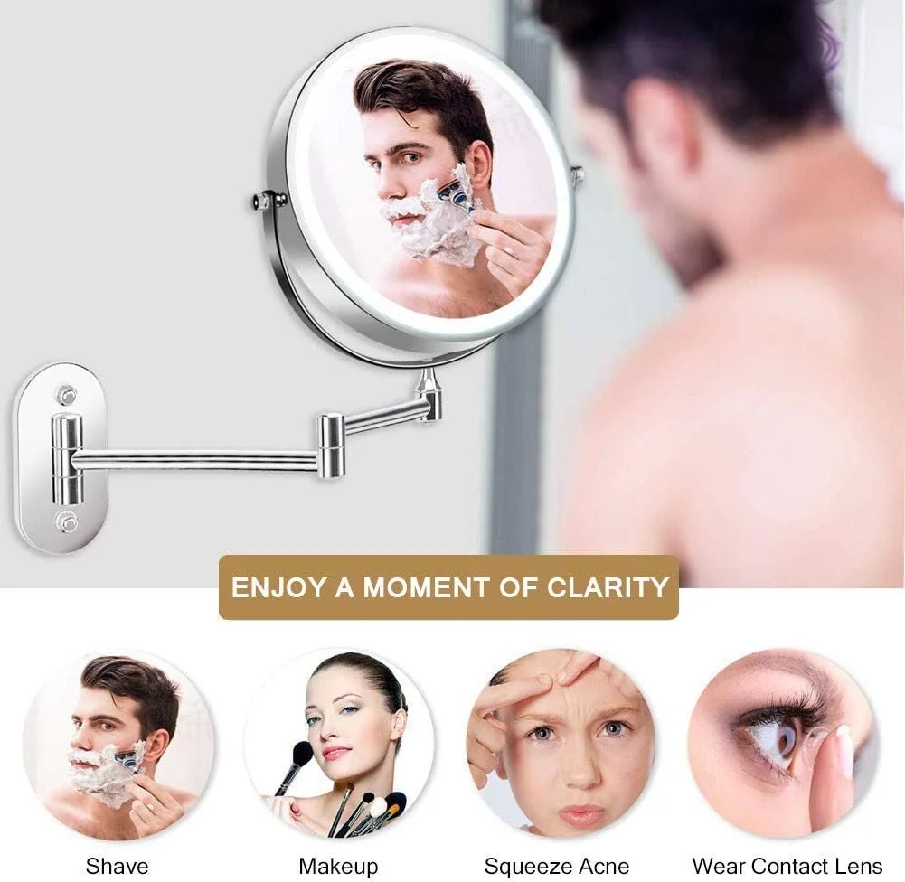 آینه اصلاح صورت SKipdr با بزرگنمایی 5X، آینه های حمام LED با قابلیت خاموش شدن خودکار و ارتقا یافته با شارژ USB، نصب شده روی دیوار، چرخش 360 درجه و قابل افزایش طول، کروم، 8 اینچ