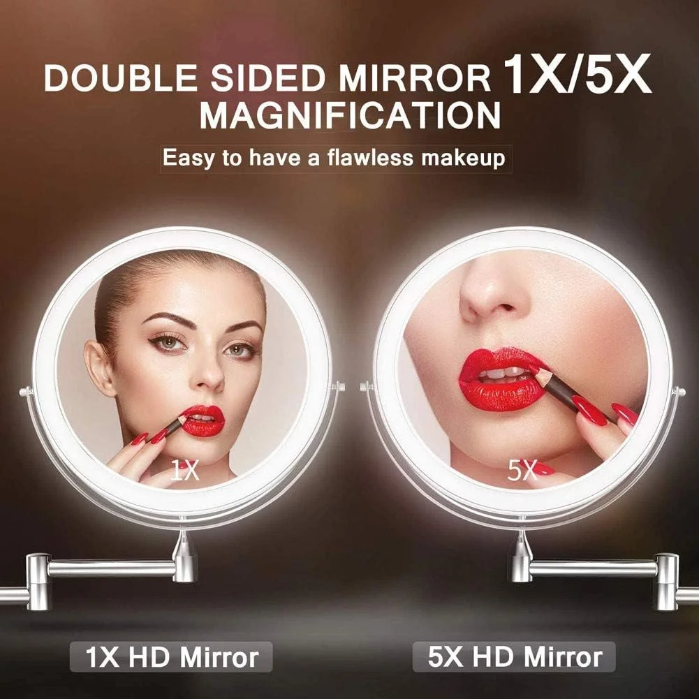 آینه اصلاح صورت SKipdr با بزرگنمایی 5X، آینه های حمام LED با قابلیت خاموش شدن خودکار و ارتقا یافته با شارژ USB، نصب شده روی دیوار، چرخش 360 درجه و قابل افزایش طول، کروم، 8 اینچ