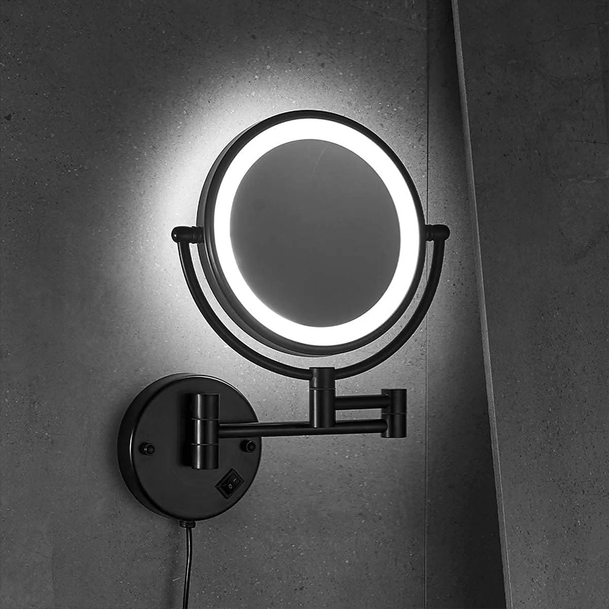 آینه آرایشی دیواری SKipdr با چراغ و بزرگنمایی 10 برابر، آینه آرایشی دو طرفه تاشو LED برای حمام، چرخش 360 درجه جمع شونده، 8 اینچ، با سیم