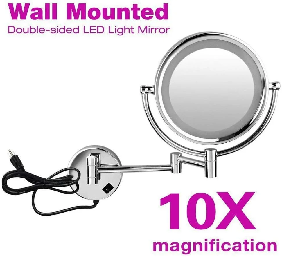 آینه آرایشی دیواری SKipdr با قطر 8.5 اینچ، آینه LED با بزرگنمایی 10 برابر، دارای دو سطح چرخان گرد و قابل افزایش طول، آینه اصلاح با چرخش 360 درجه