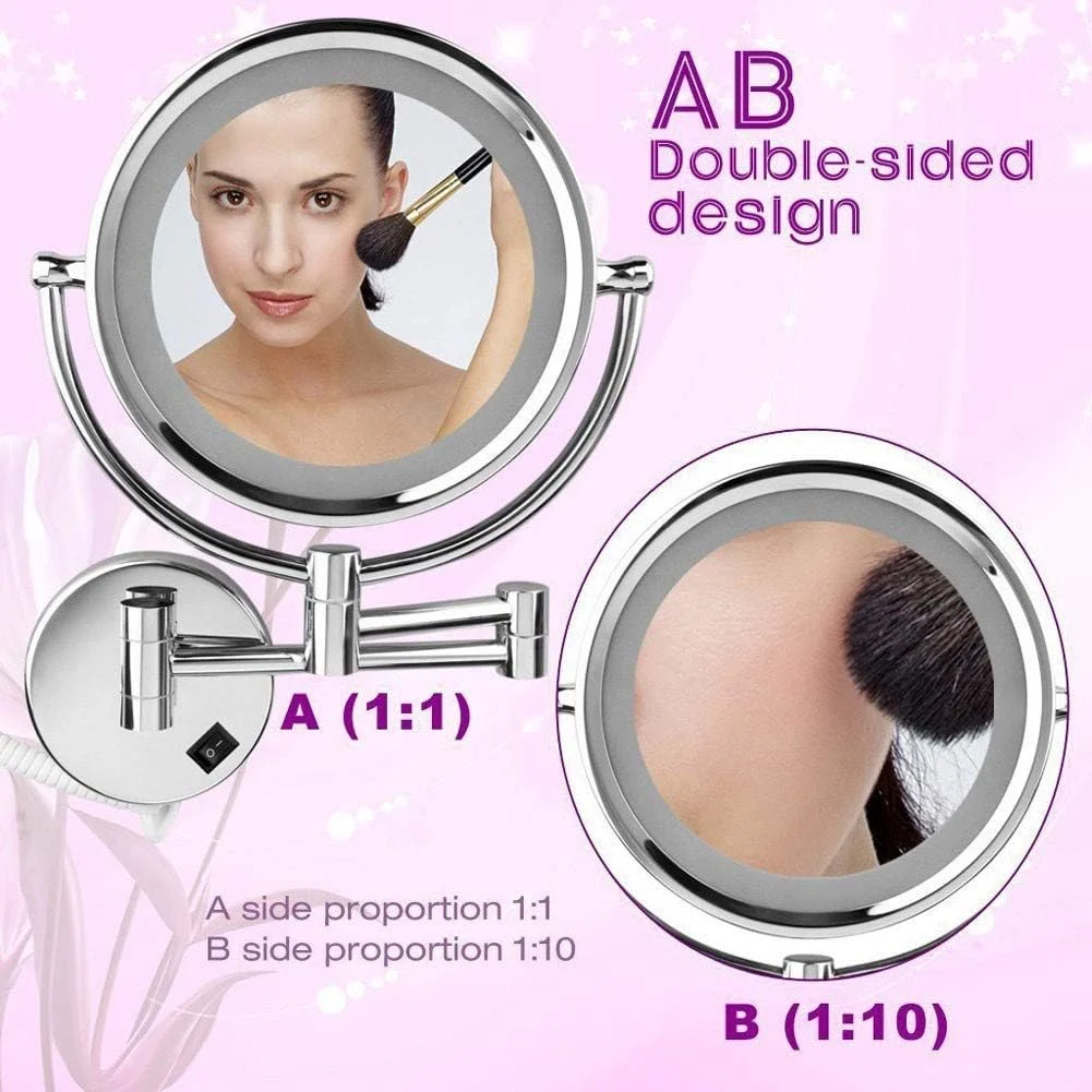 آینه آرایشی دیواری SKipdr با قطر 8.5 اینچ، آینه LED با بزرگنمایی 10 برابر، دارای دو سطح چرخان گرد و قابل افزایش طول، آینه اصلاح با چرخش 360 درجه